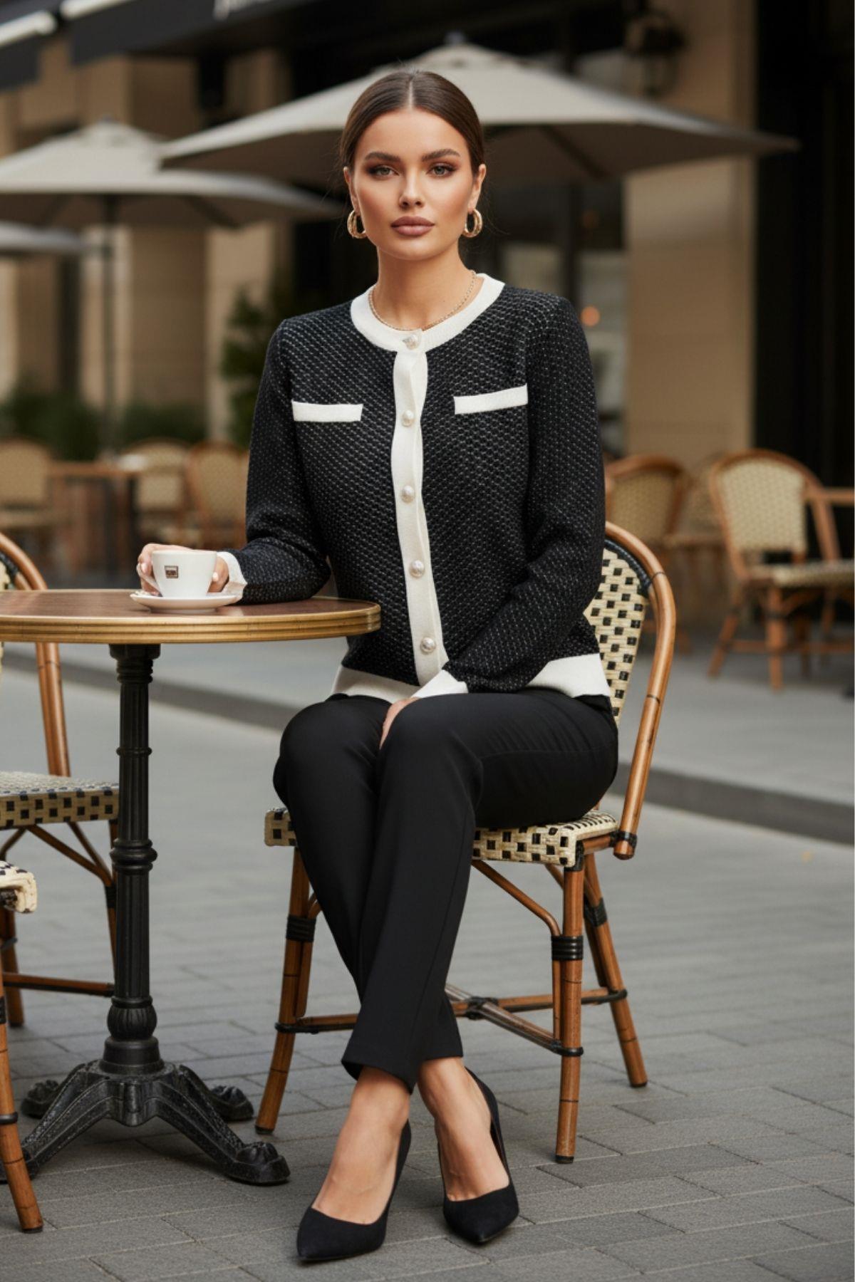 Yuvarlak Yaka Cep Detaylı Yumoş Hırka - Siyah