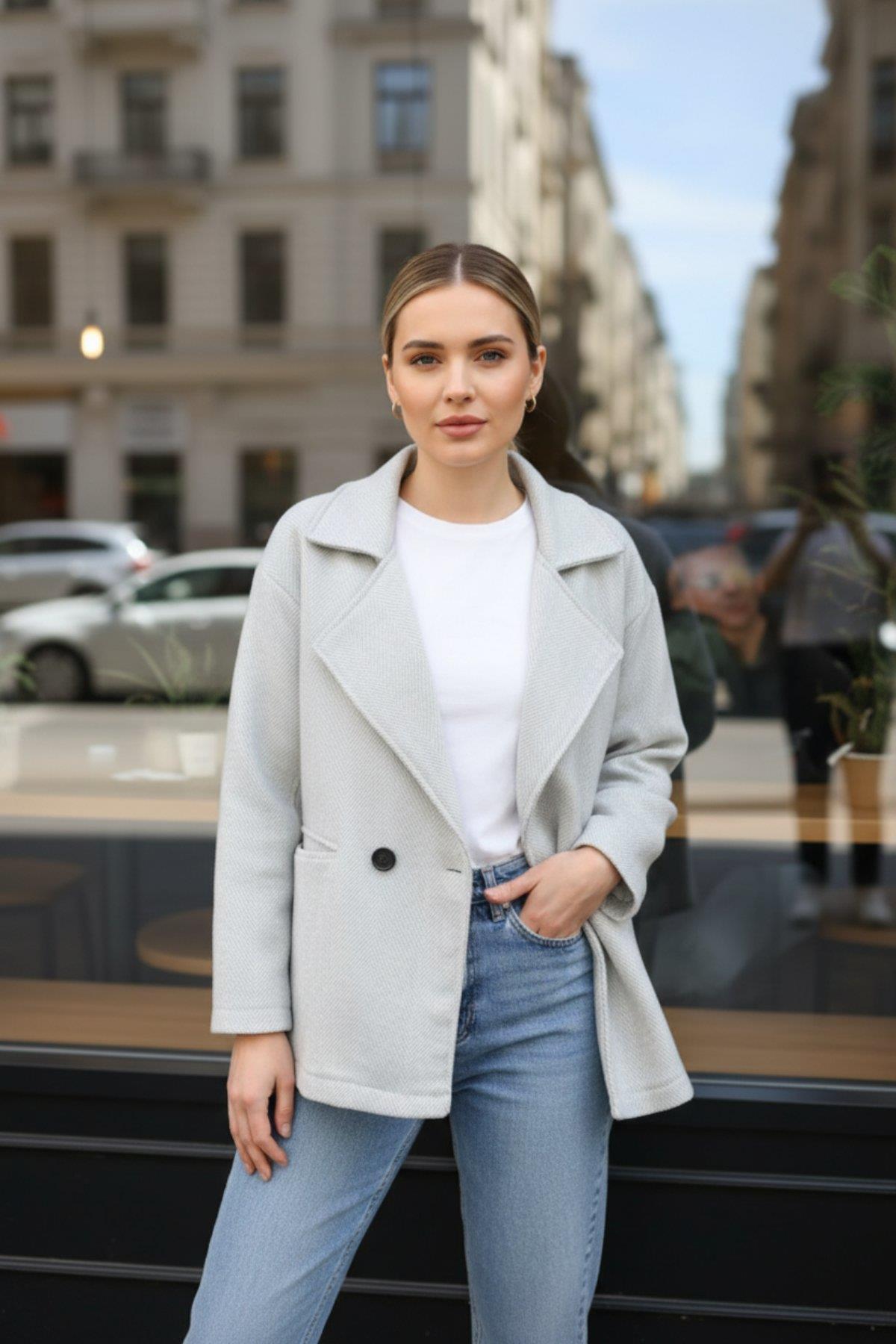 Kadın Oversize Kruvaze Kesim Şık Kaban - Gri