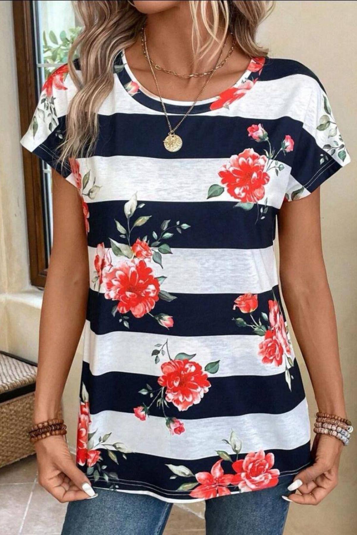 Gül Desen Çizgili Süprem T-Shirt Lacivert