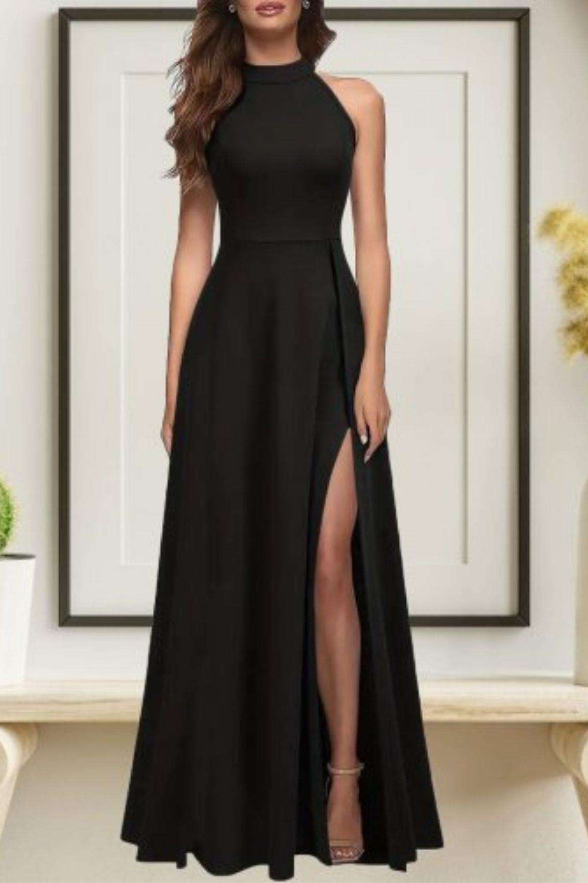 Halter Yaka Derin Yırtmaçlı Krep Elbise Siyah