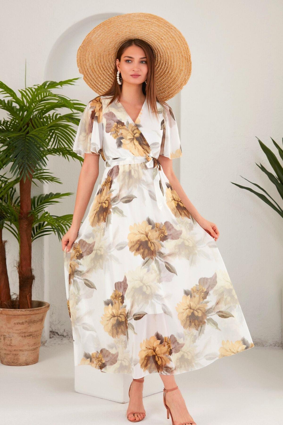 Kruvaze Yaka Şifon Uzun Elbise Beyaz