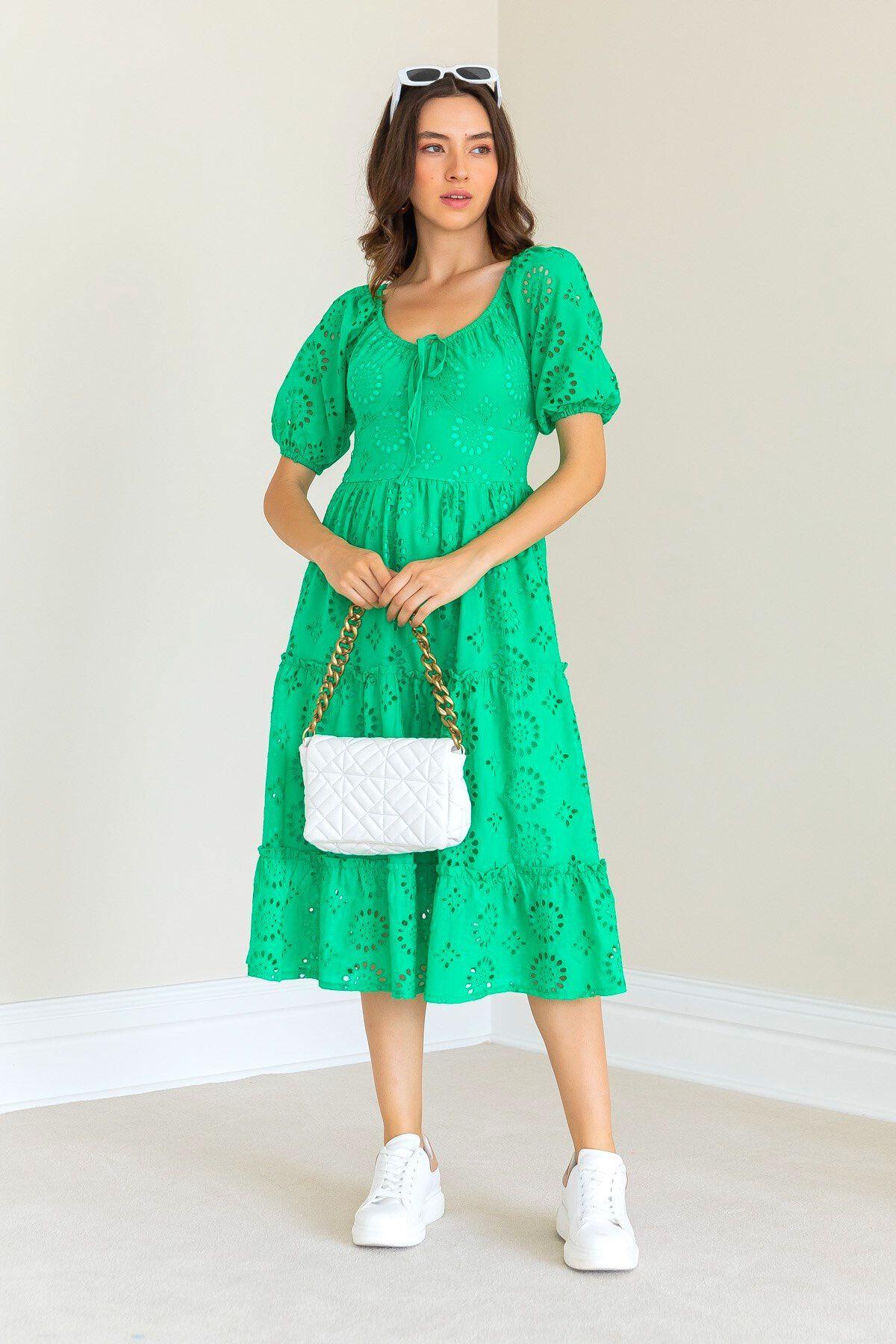 Madonna Yaka Fistolu Elbise Yeşil