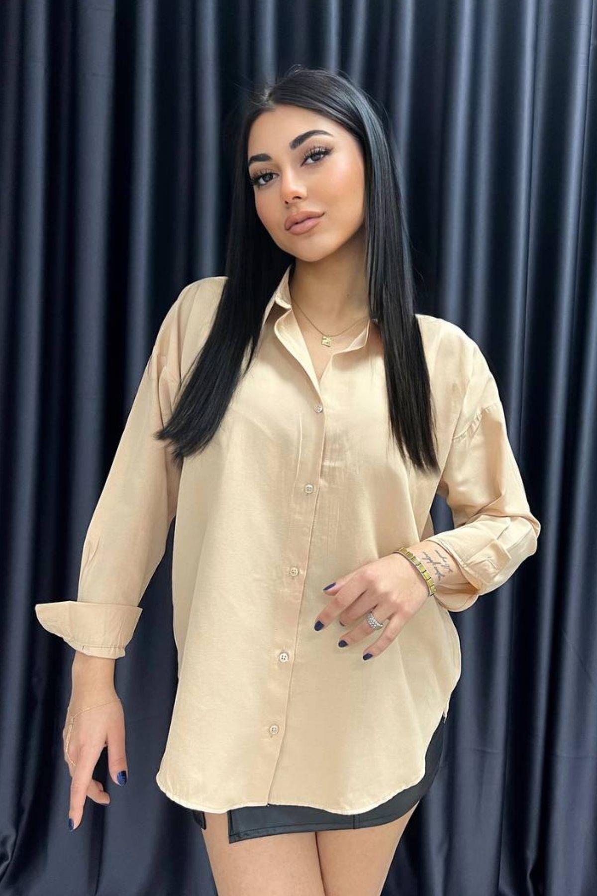 Oversize Kol Düğmeli Gömlek Vizon