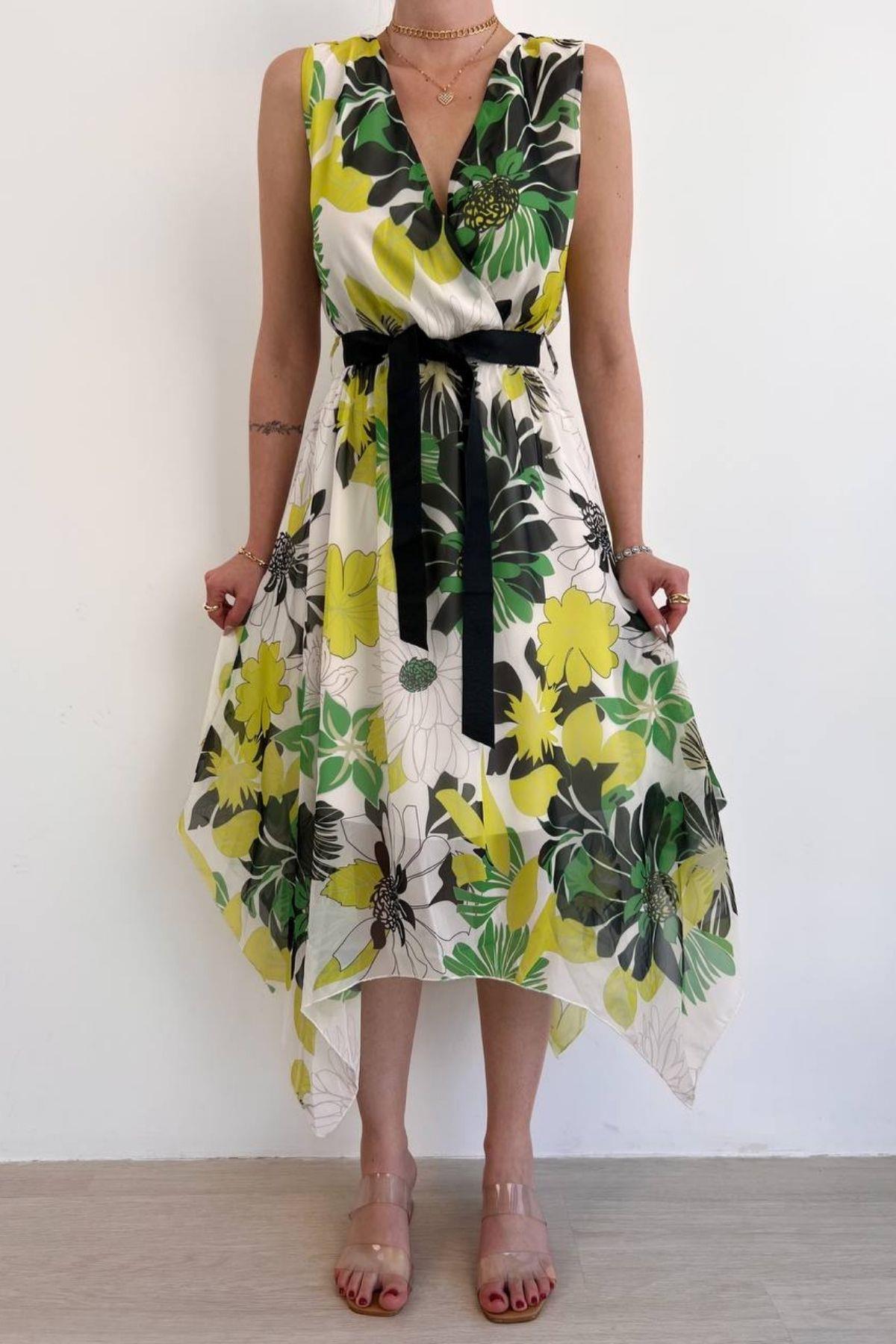 Sıfır Kol Kuşaklı Desenli Şifon Elbise Sarı