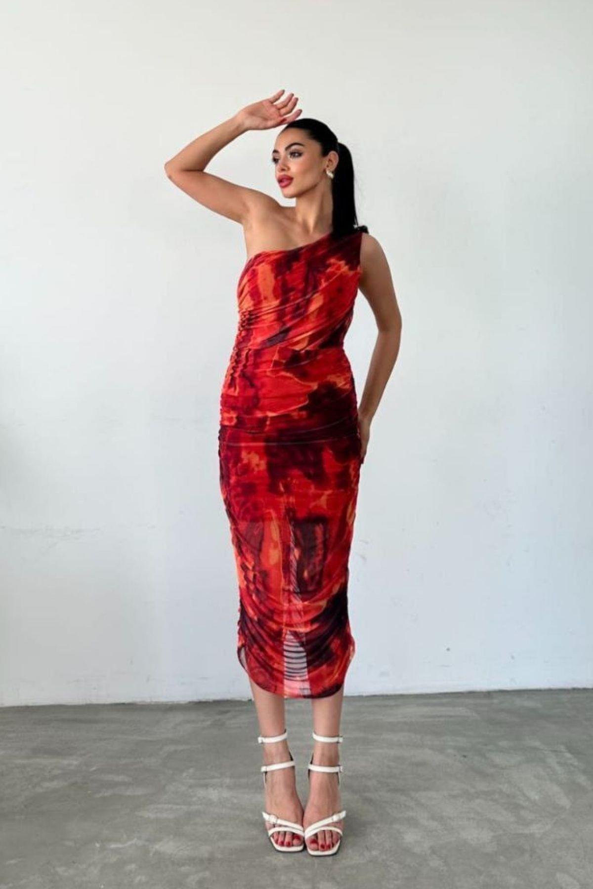 Tek Omuz Desenli Midi Tül Elbise Kırmızı