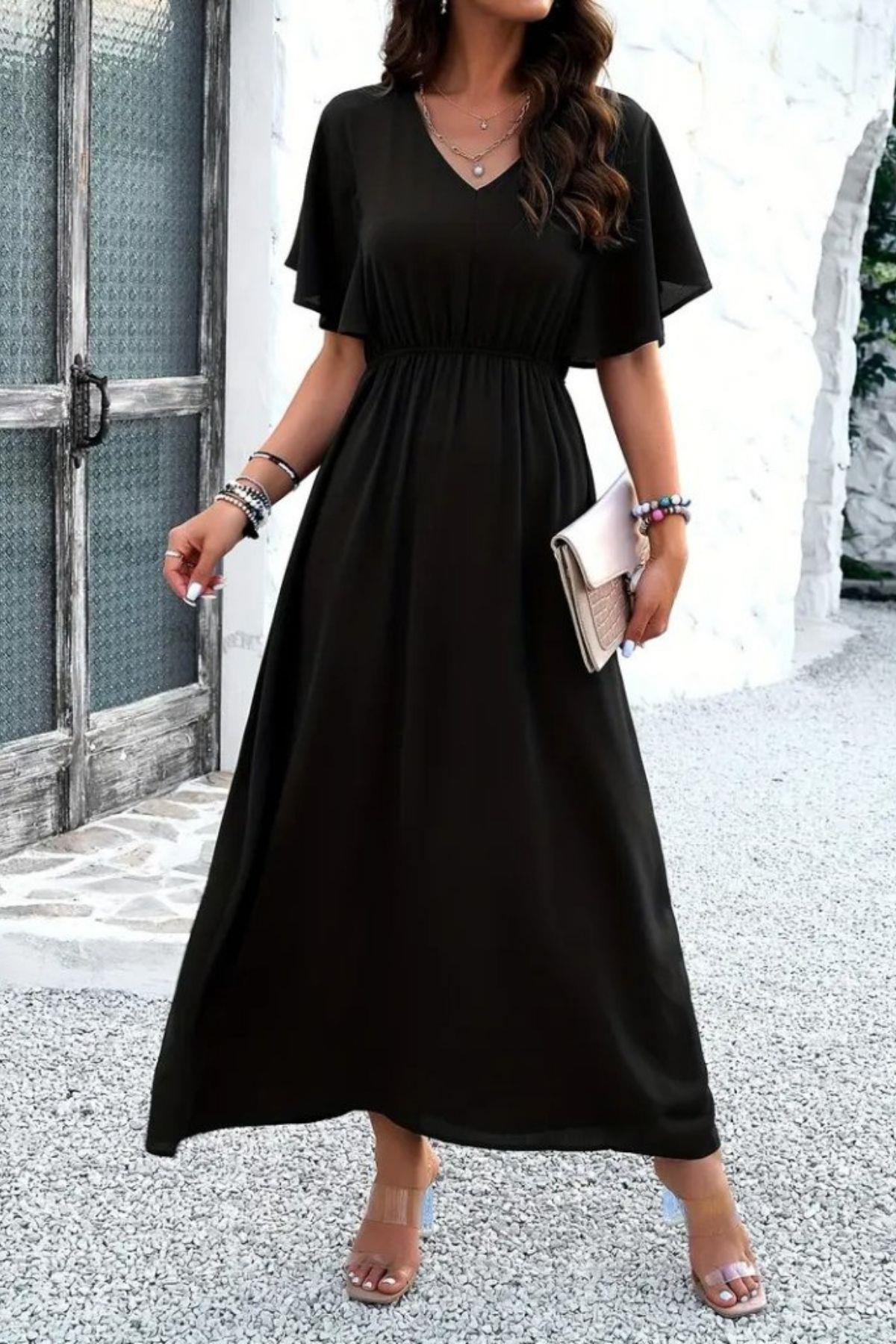V Yaka Bel Lastikli Viskon Elbise Siyah