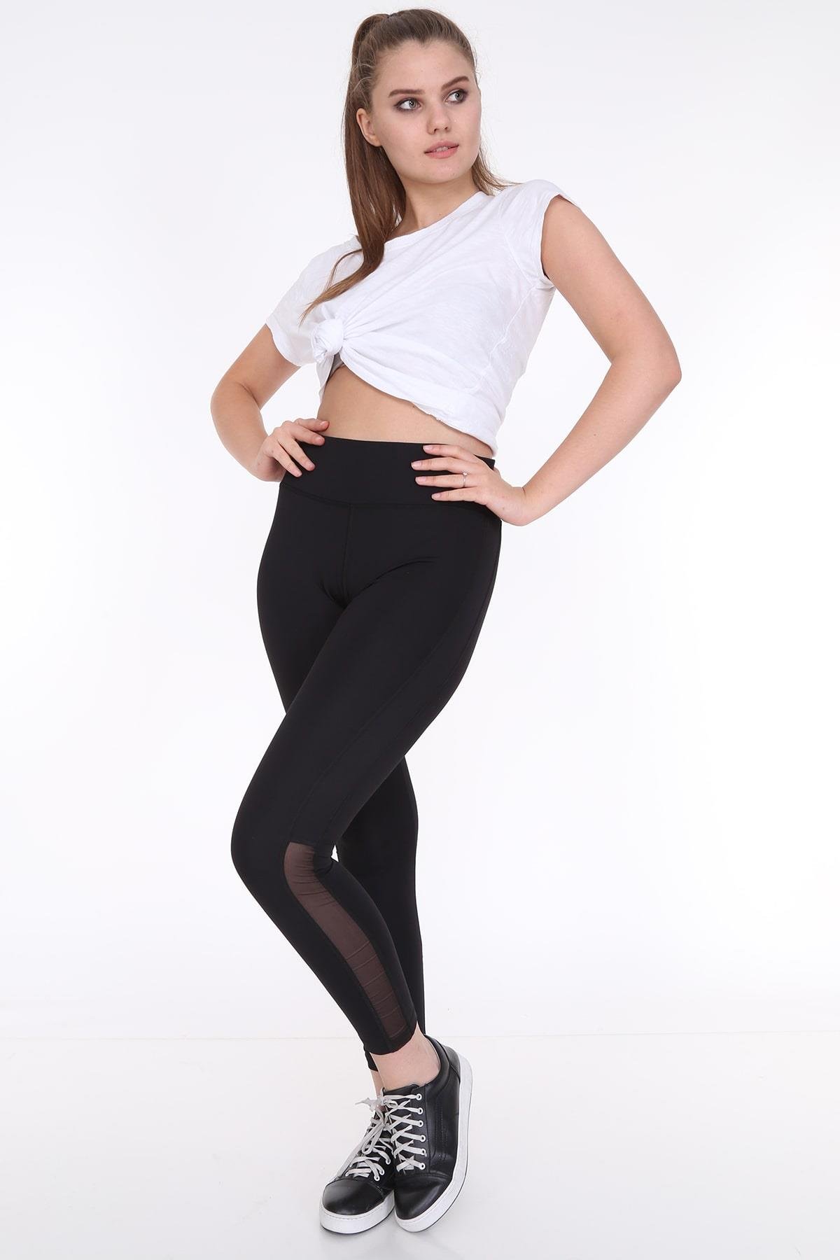 Yüksek Bel Tül Detaylı Sporcu Tayt