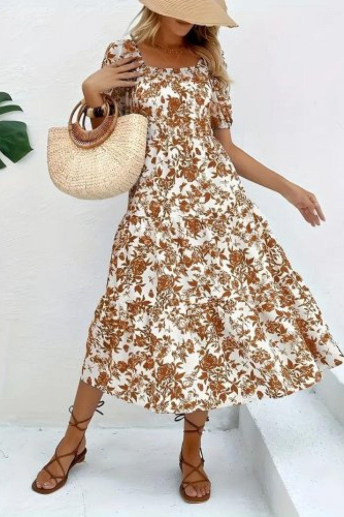 Kare Yaka Bel Lastikli Süprem Elbise - Kahve