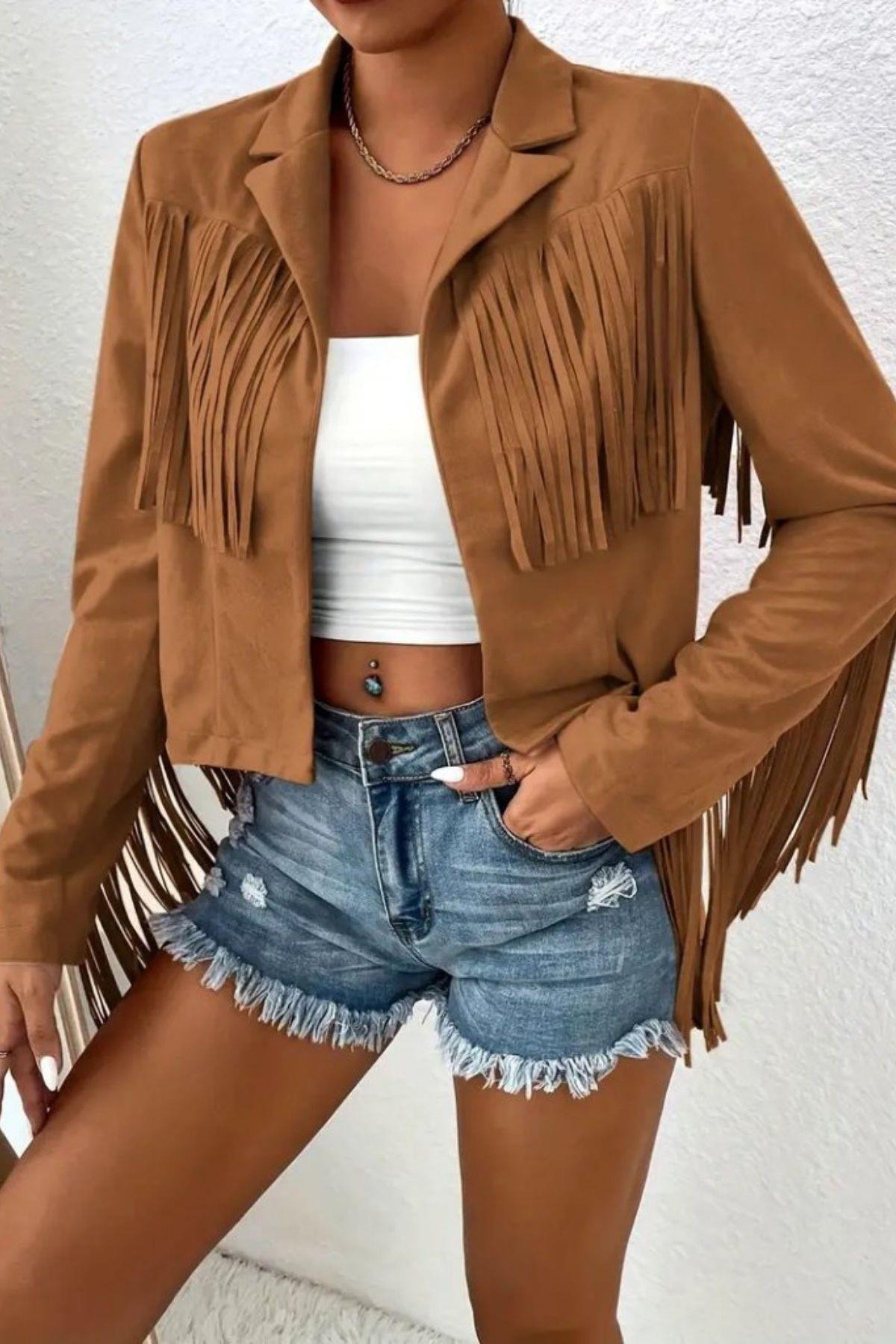 Püskül Detaylı Crop Süet Ceket - Kahve