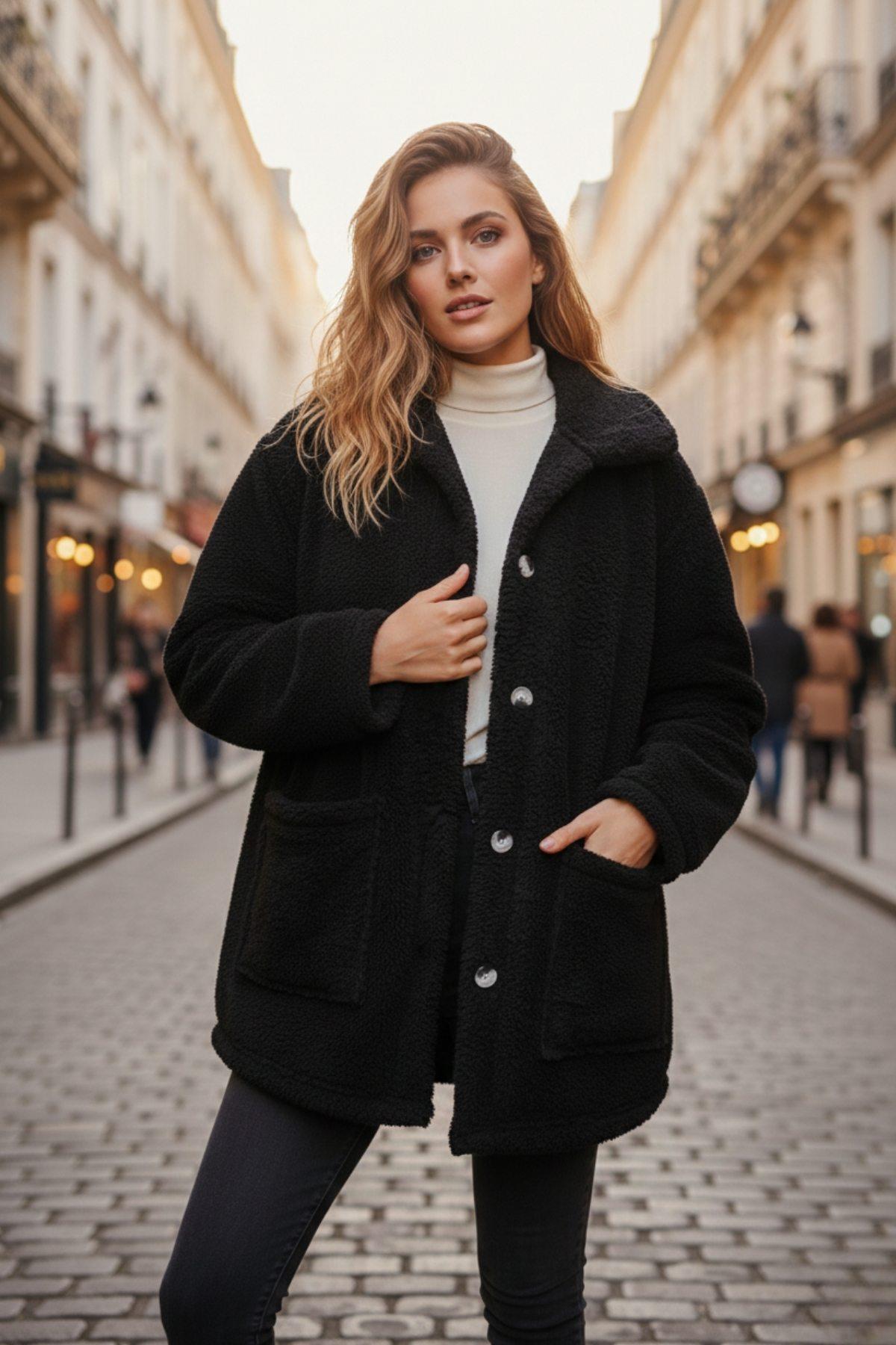 Yumuşak Dokulu Peluş Mont – Siyah