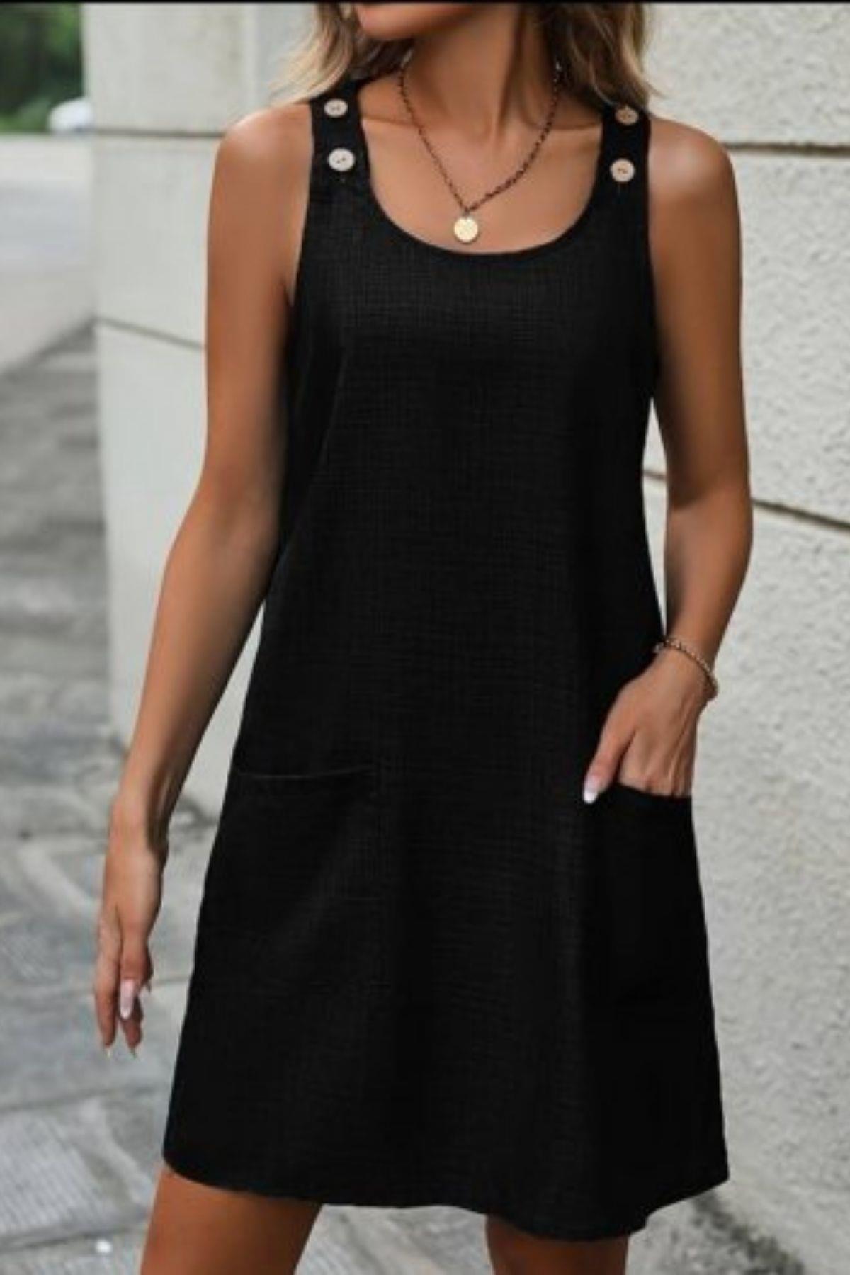 Cepli Ve Düğme Detaylı Omuz Askılı Keten Elbise - Siyah