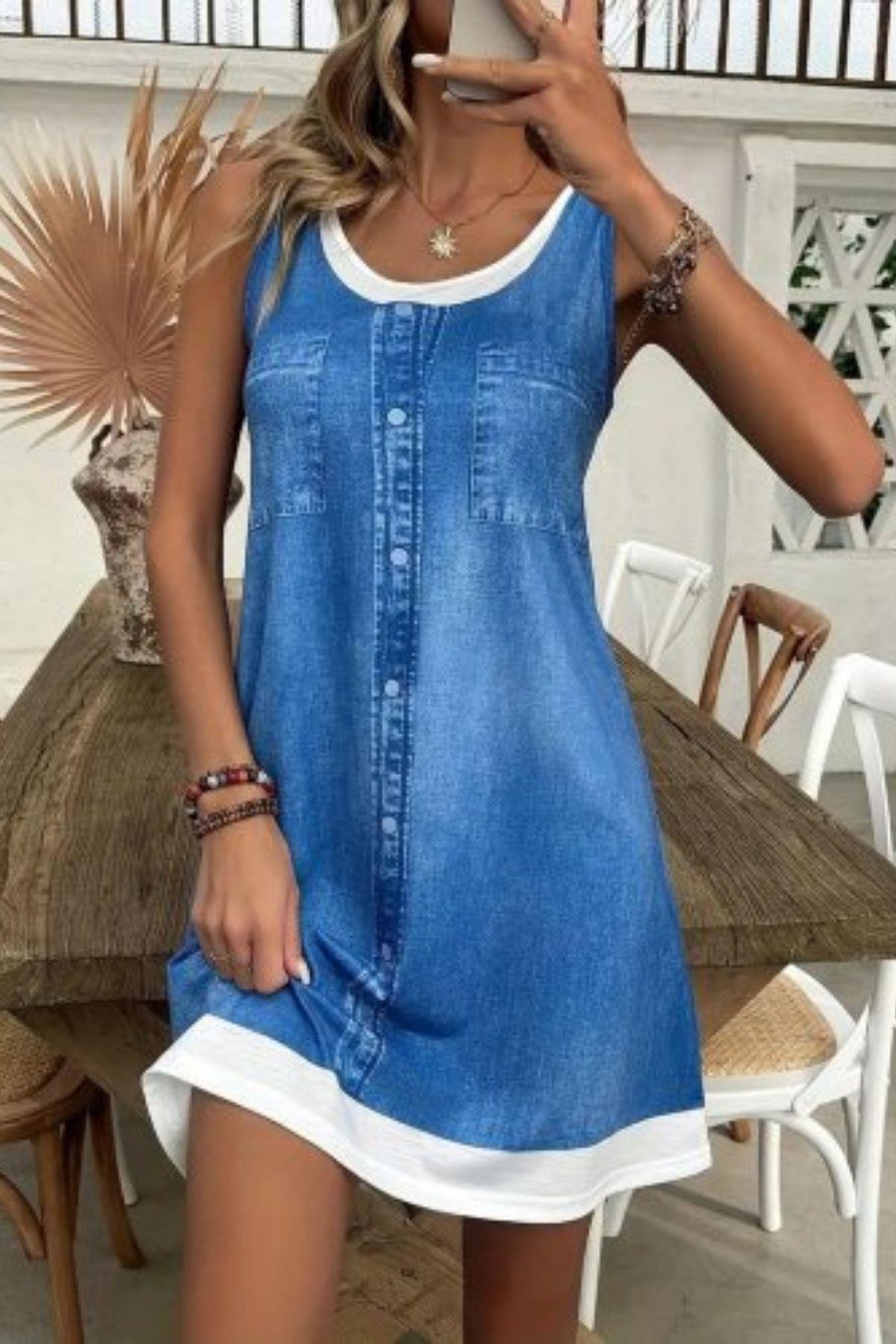 Kolsuz Kot Görünümlü Mini Süprem Elbise - Mavi