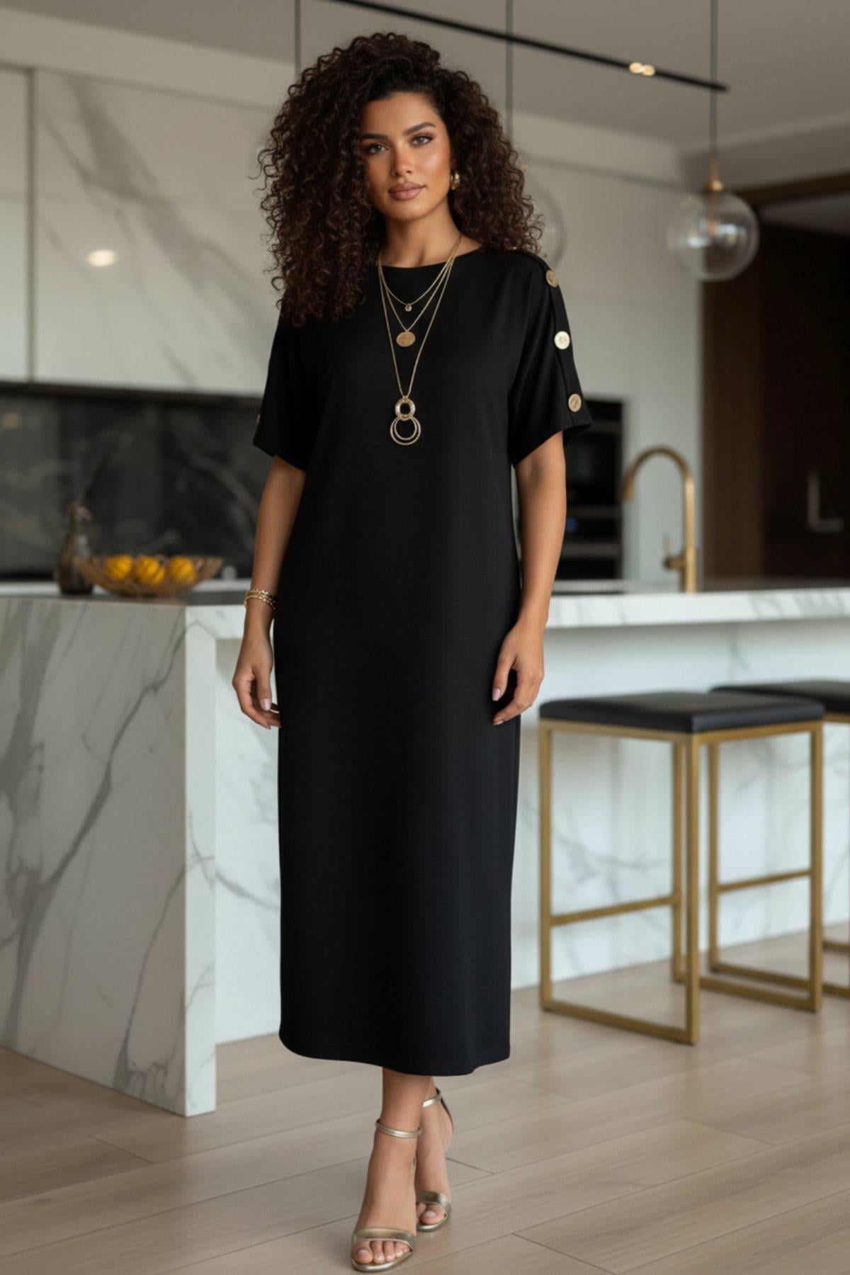 Kol Düğme Aksesuarlı Rahat Kesim Viskon İki İplik Elbise - Siyah