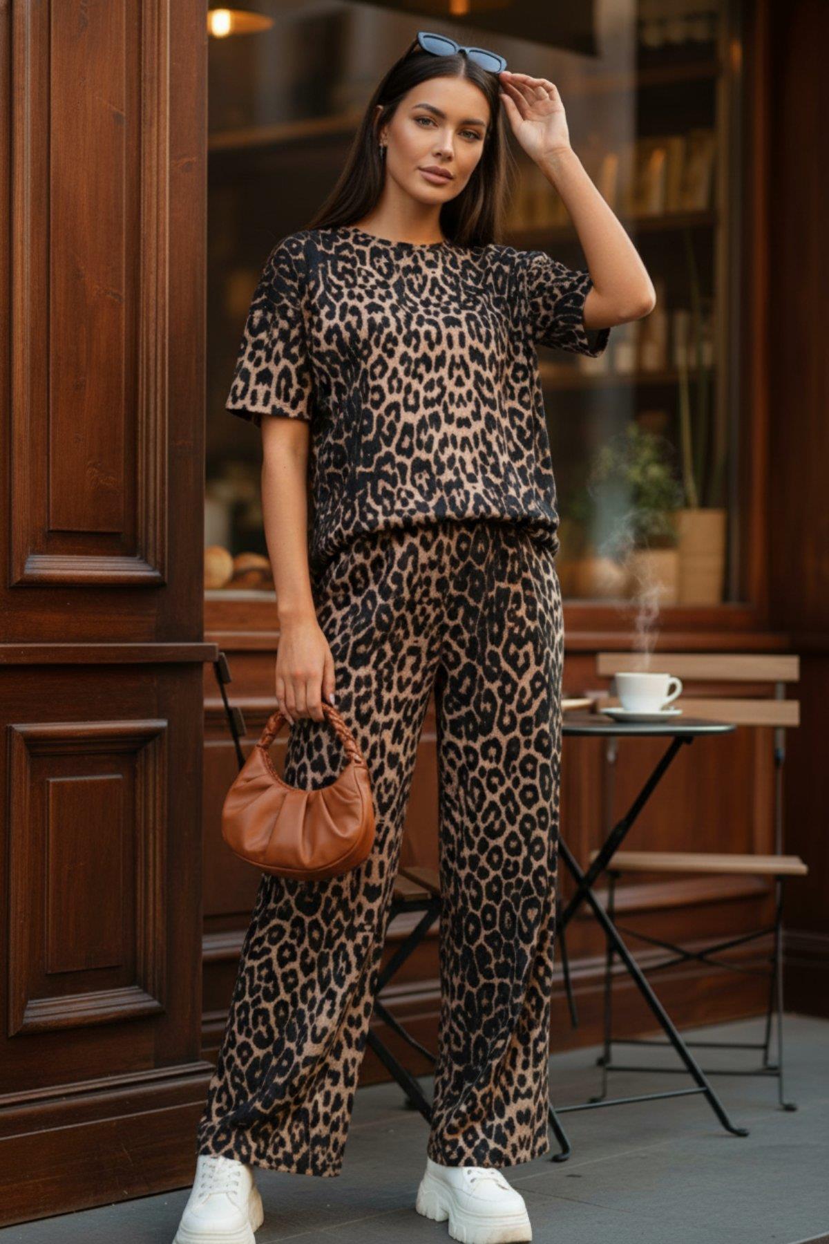 Kısa Kollu Leopar Desenli İkili Takım - Leopar