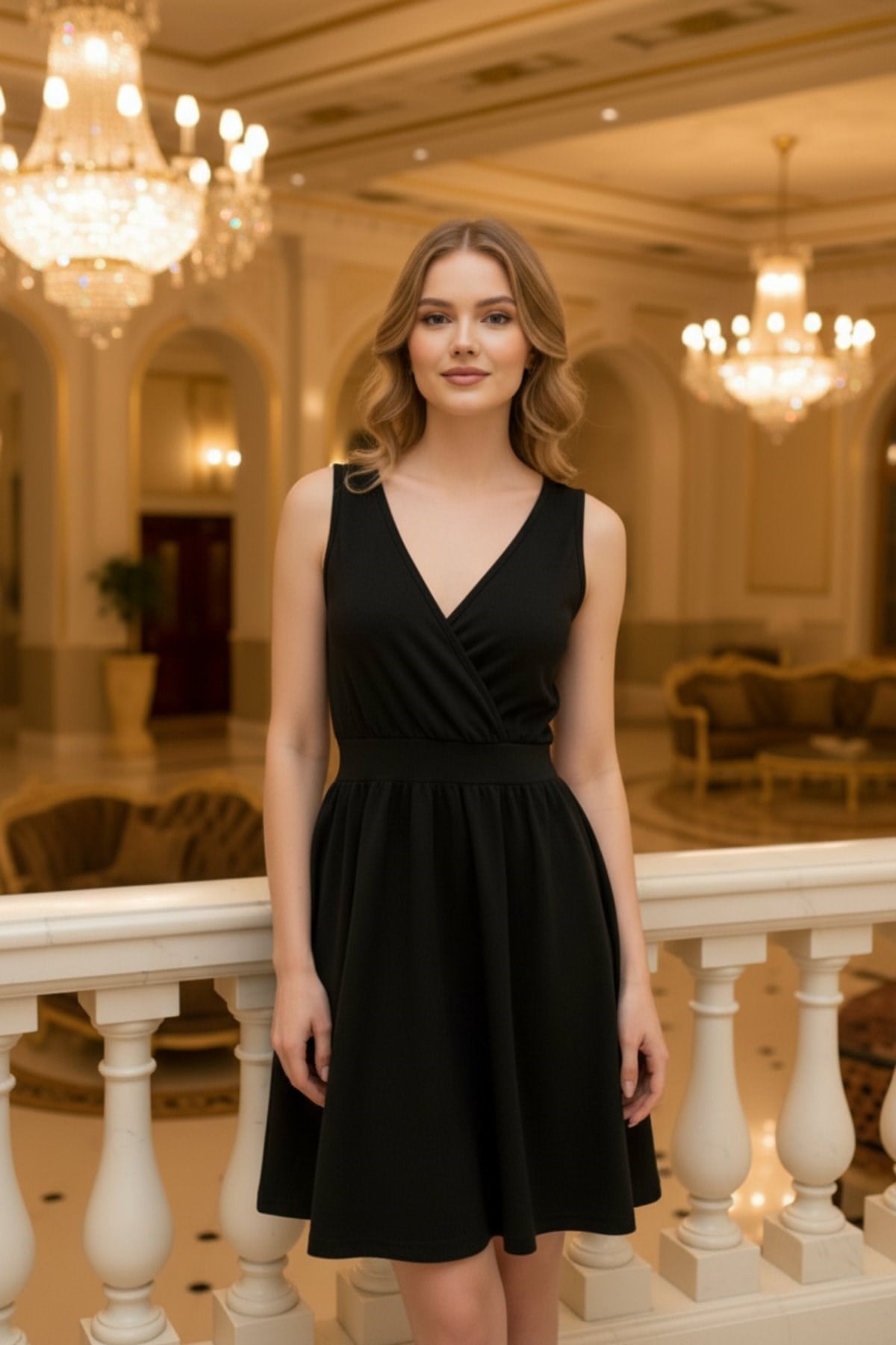 Kruvaze Yaka Arkadan Fiyonk Detaylı Krep Elbise - Siyah