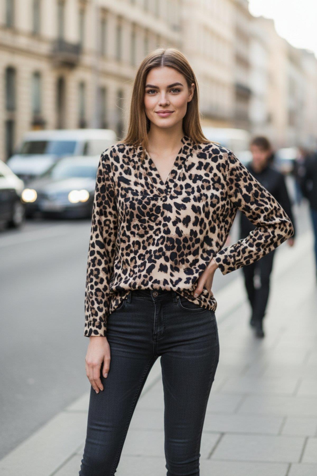 Leopar Desenli V Yaka Uzun Kollu Modal Bluz - Leopar