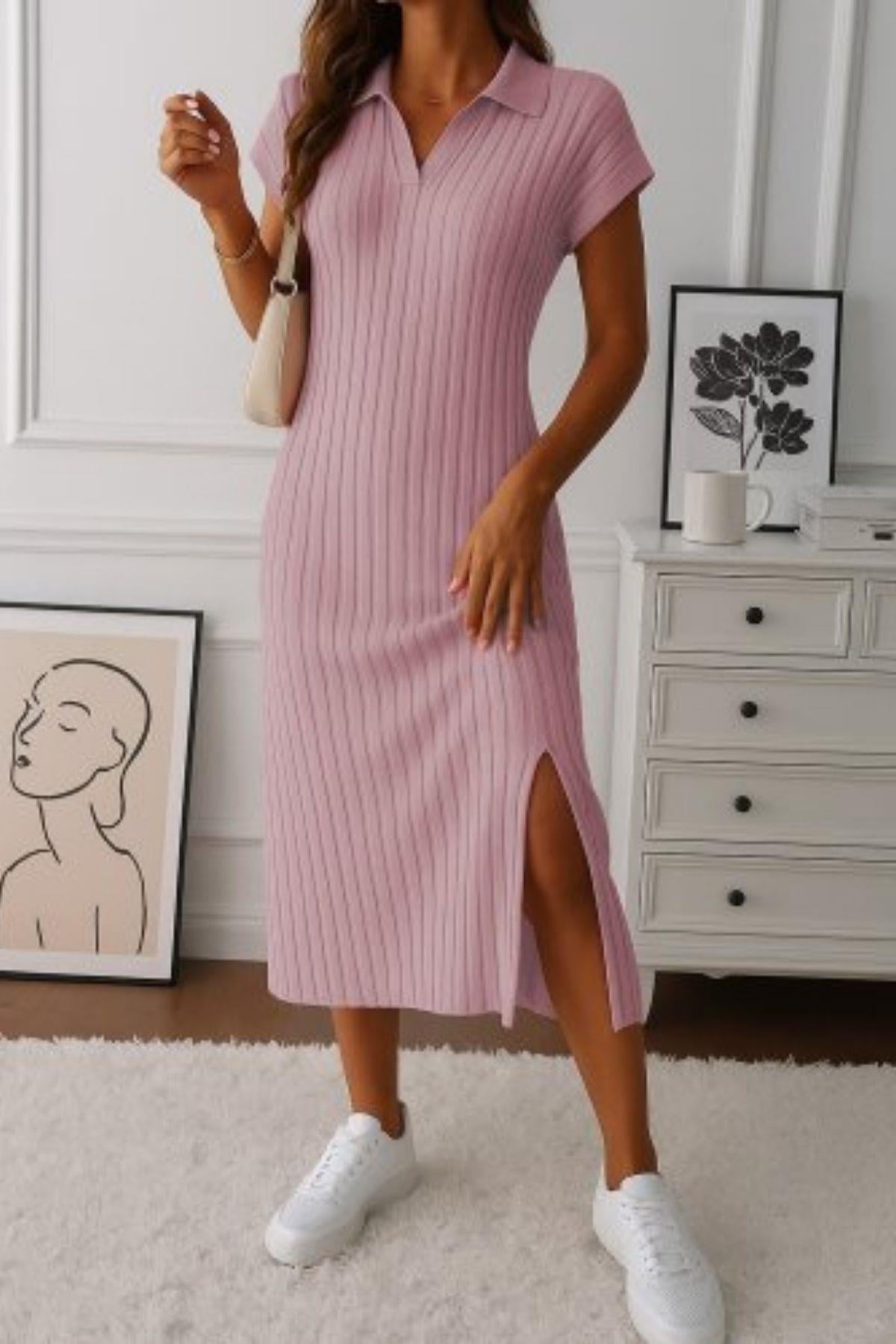 Polo Yaka Yırtmaç Detaylı Fitilli  Elbise - Pembe