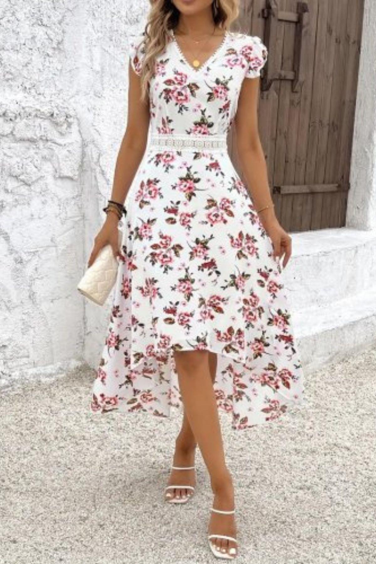 Asimetrik Kesim Fırfır Kollu Desenli Süprem  Elbise - Desenli