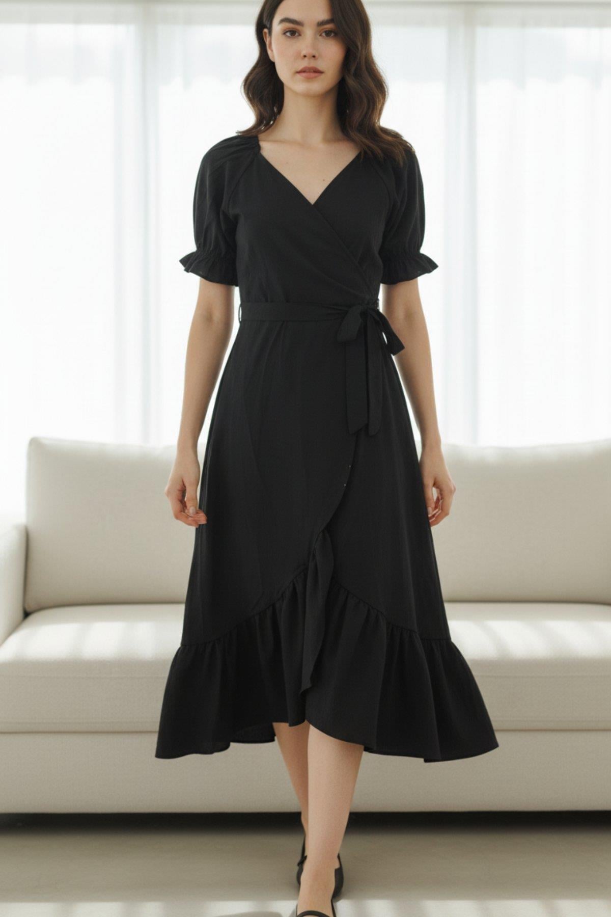 Kruvaze Yaka Uzun Trikoton Elbise - Siyah