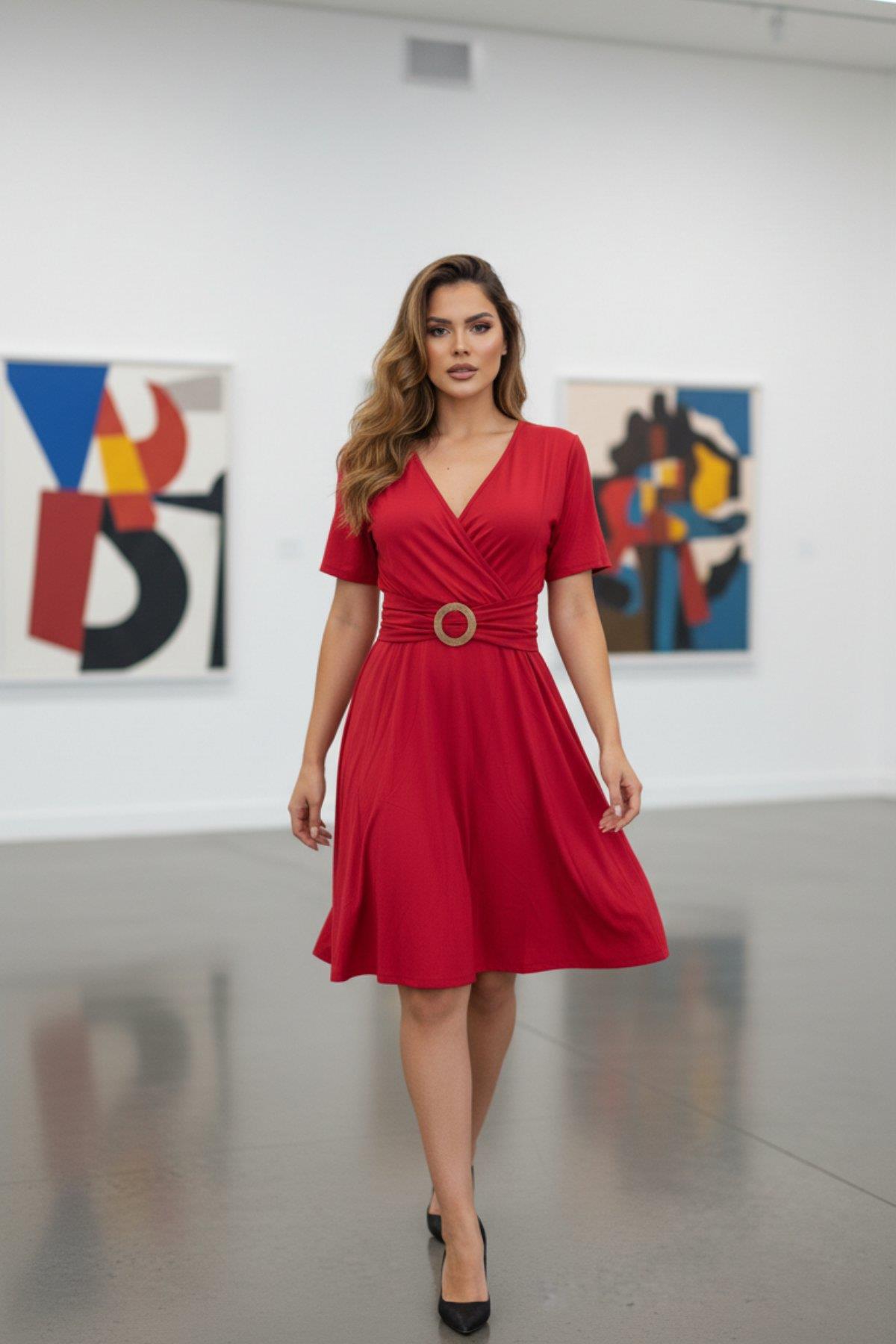 Kruvaze Yaka Toka Detaylı Viskon Elbise - Kırmızı