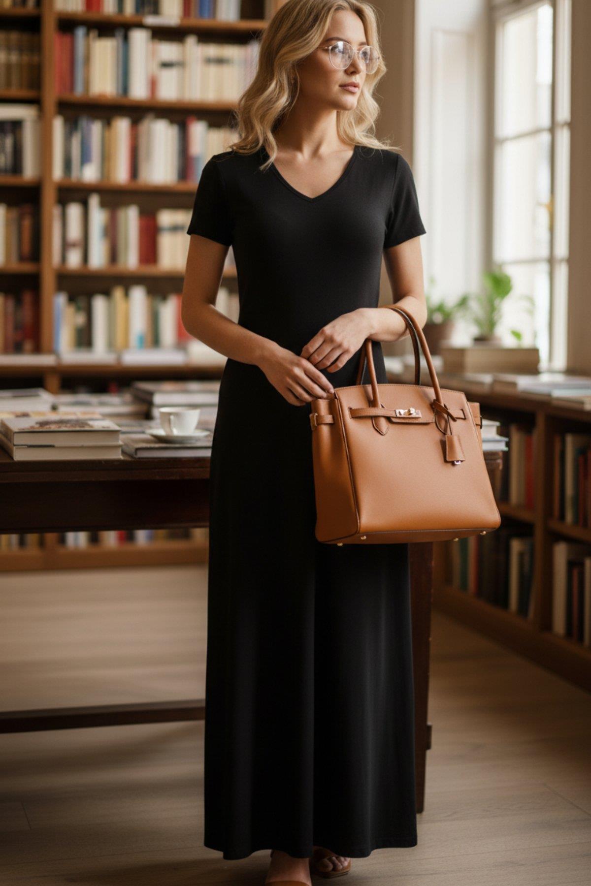 V Yaka Kısa Kollu Kloş Viskon Elbise - Siyah