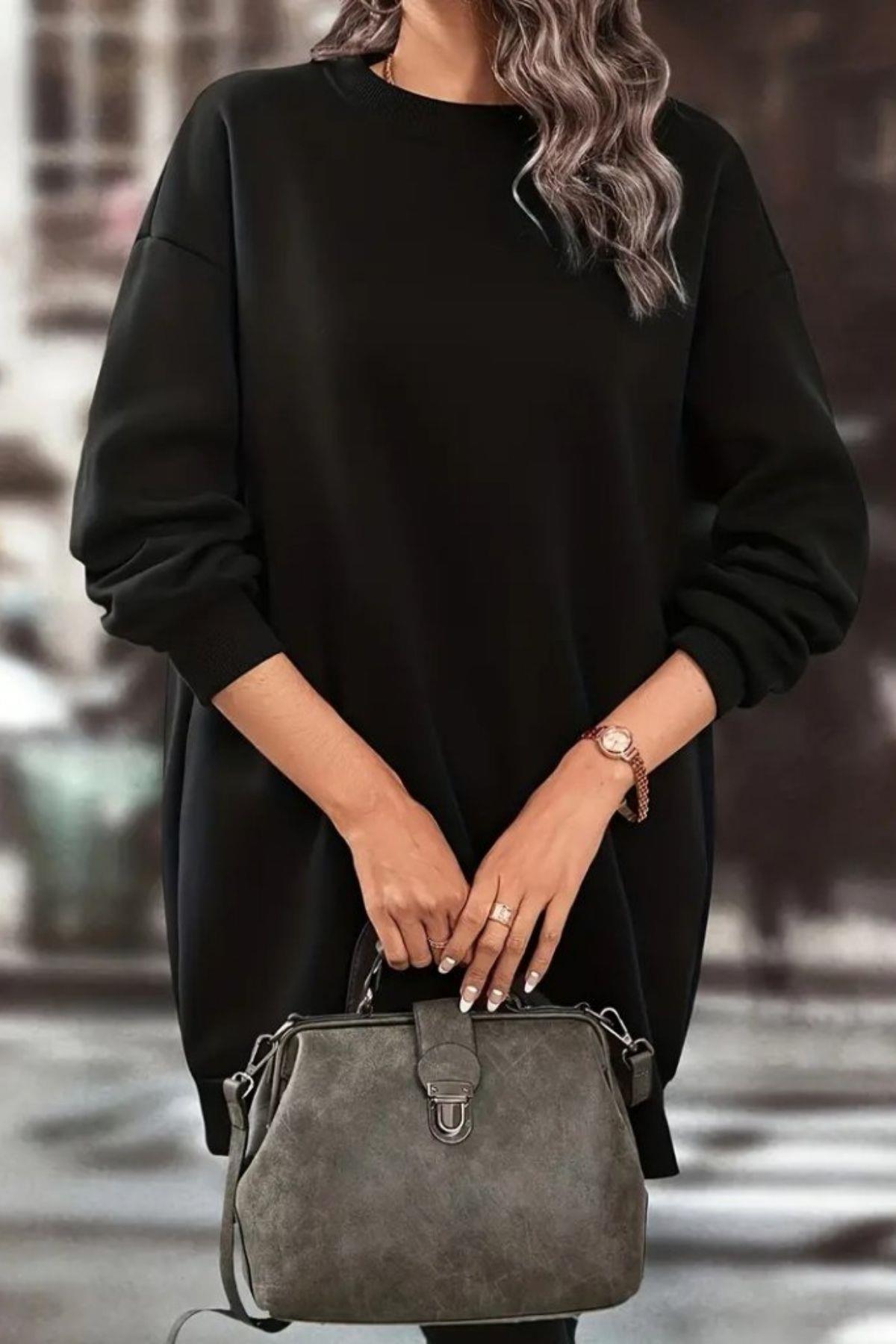 Bisiklet Yaka Kısa İki İplik Elbise - Siyah