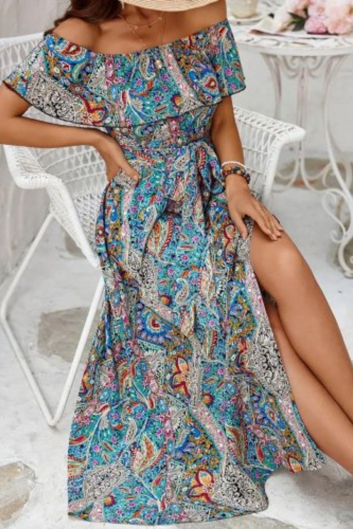 Madonna Yaka Yırtmaç Detaylı Uzun Elbise - Mavi