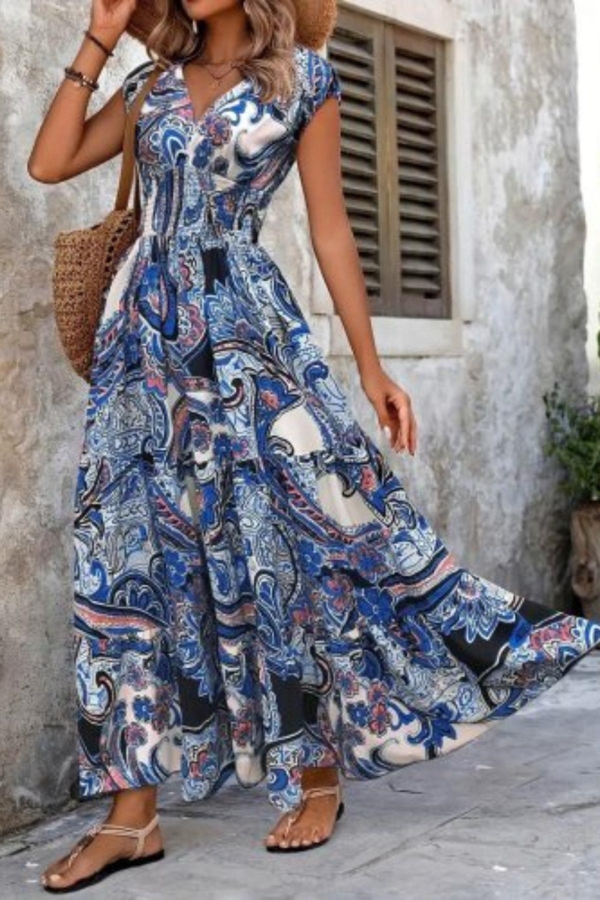 Desenli V Yaka Kısa Kollu Maxi Elbise - Mavi