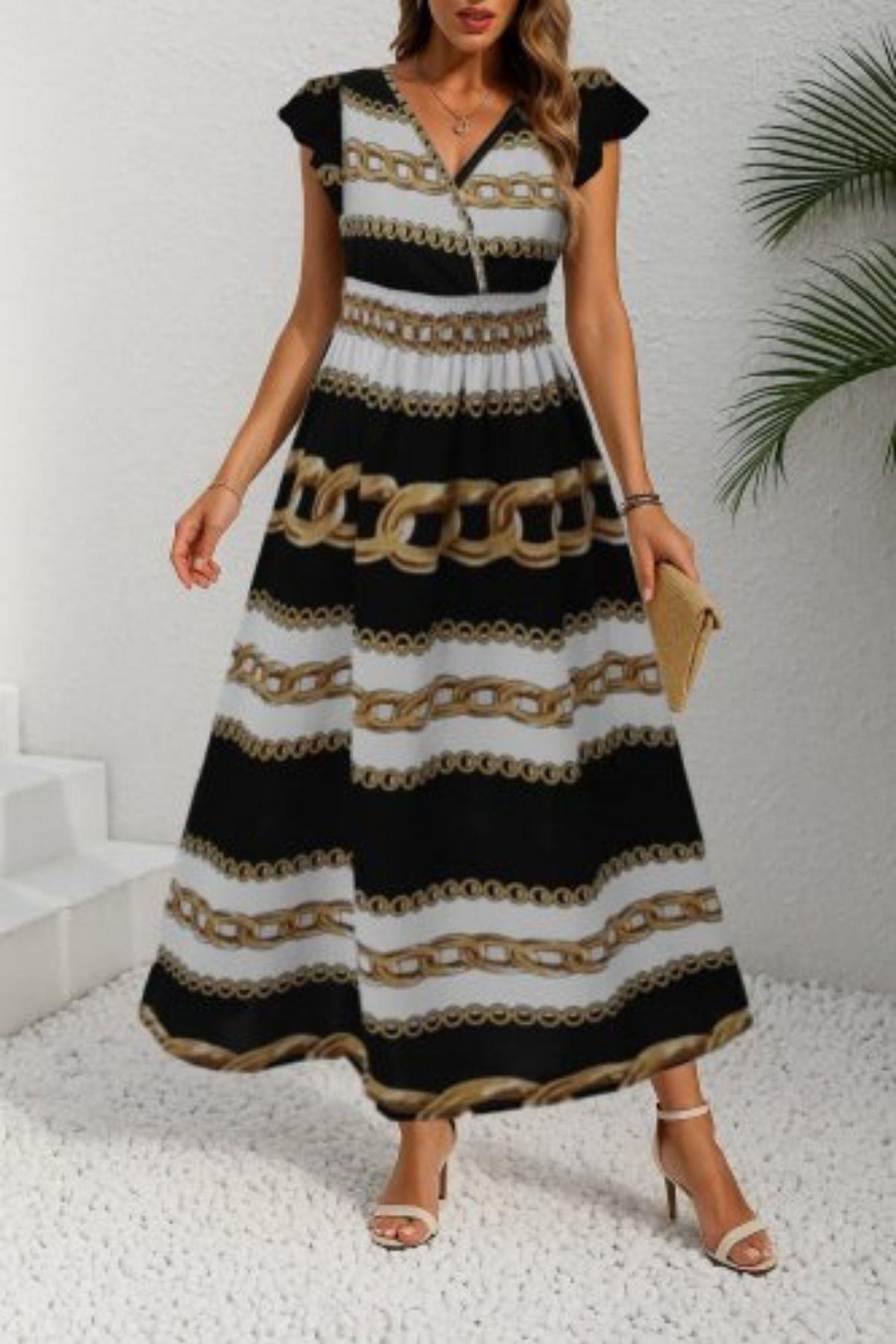 Kruvaze Yaka Volan Kollu Desenli Örme Krep Elbise - Zincir