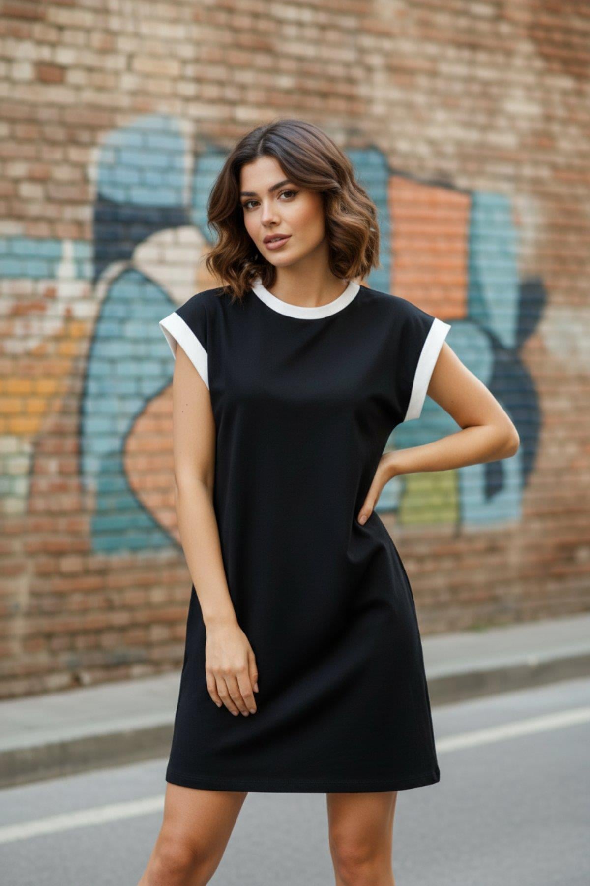 Minimal Elbise Bisiklet Yaka Günlük Rahat Kullanım Model - Siyah