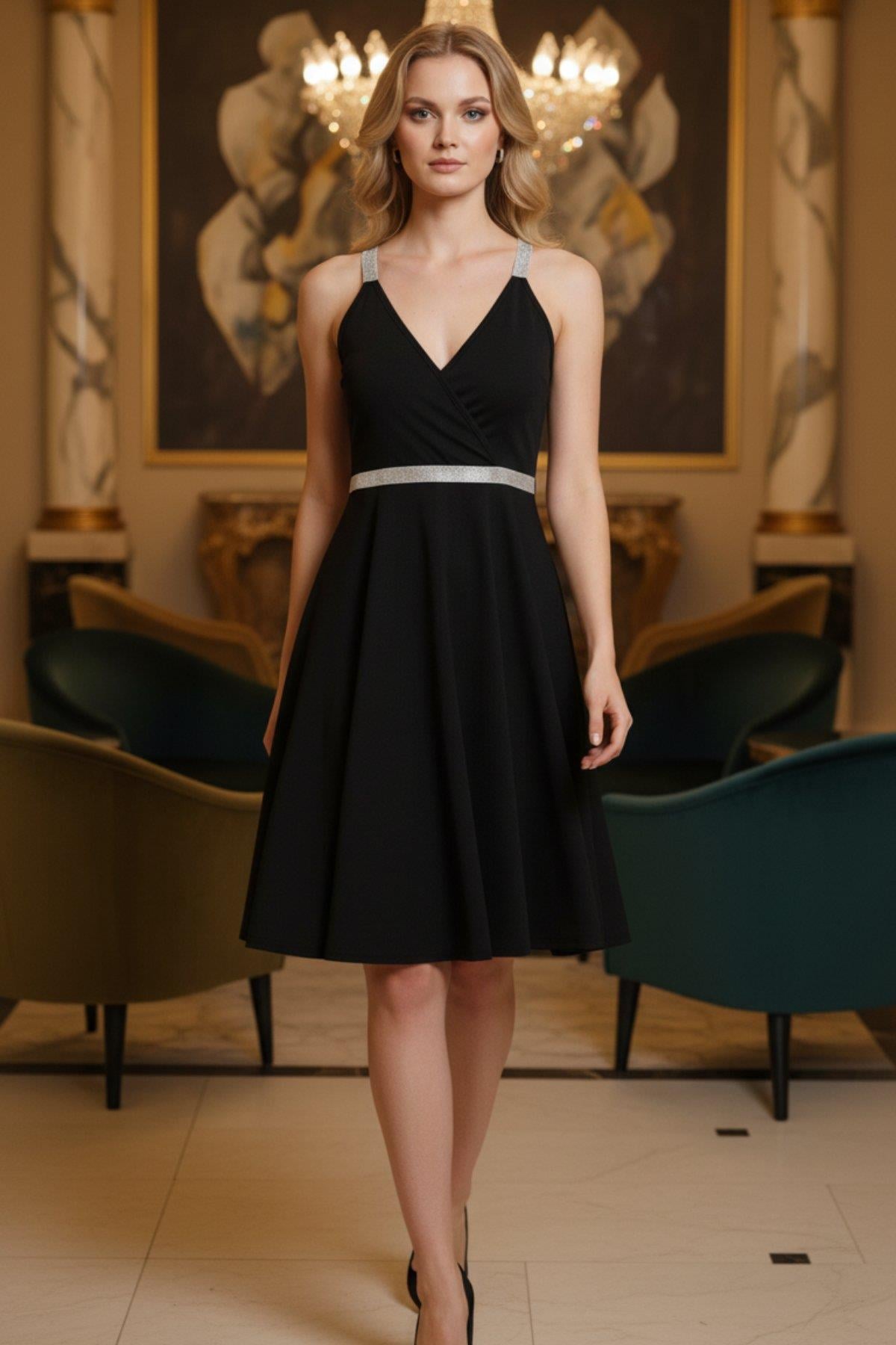 V Yaka Mini Kloş Krep Elbise - Siyah