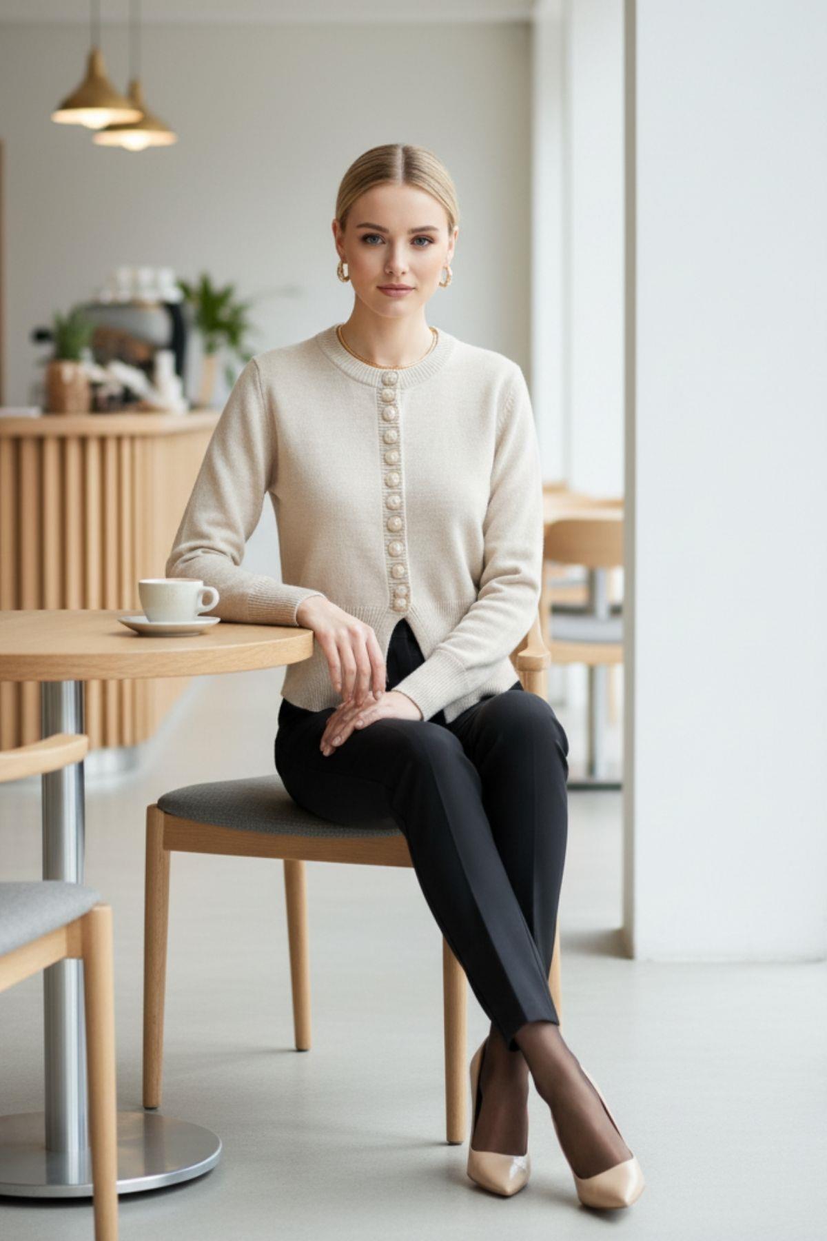 Düğmeli Asimetrik Kesim Triko Hırka - Bej