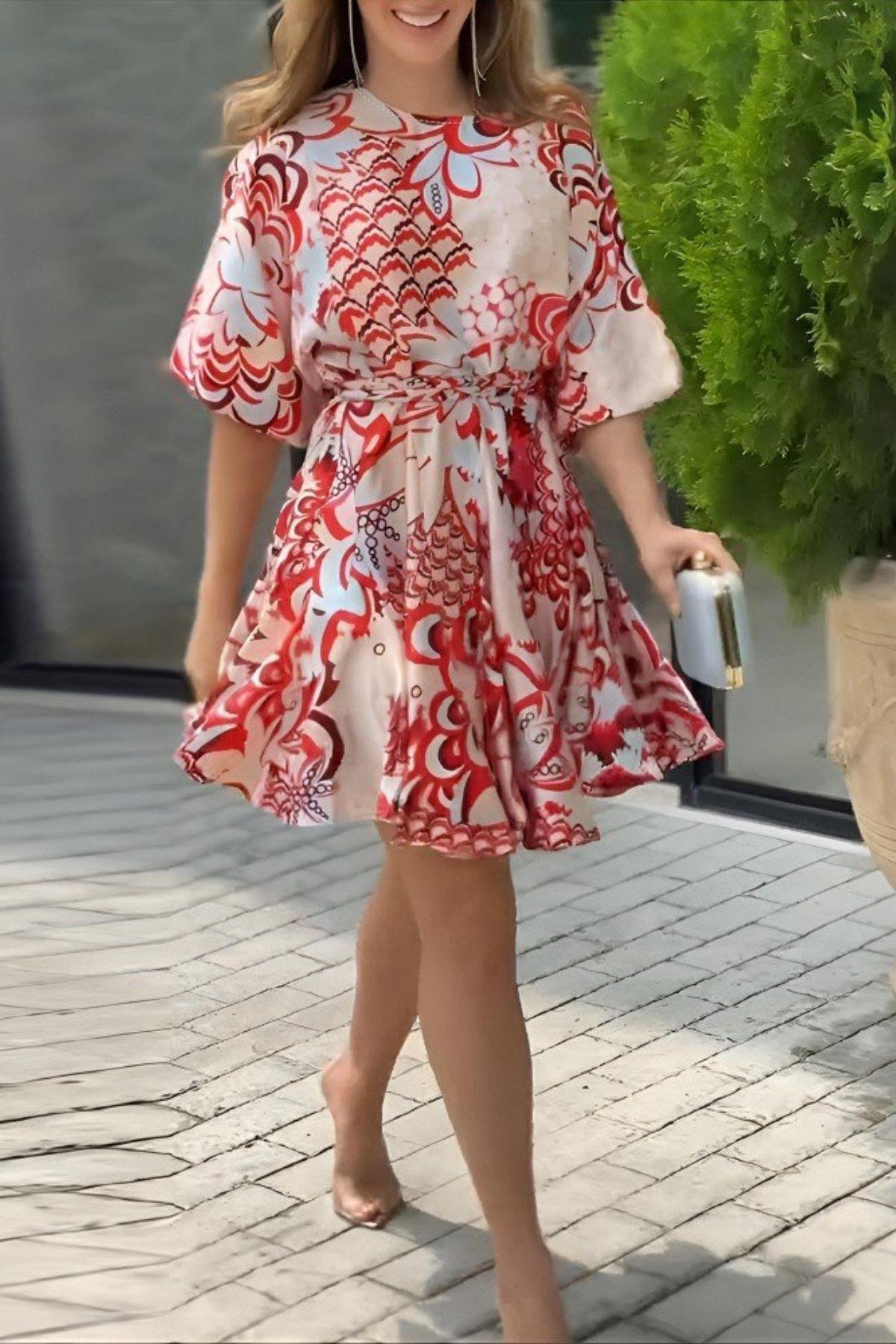 Balon Kol Yuvarlak Yaka Desenli Mini Elbise - Desenli