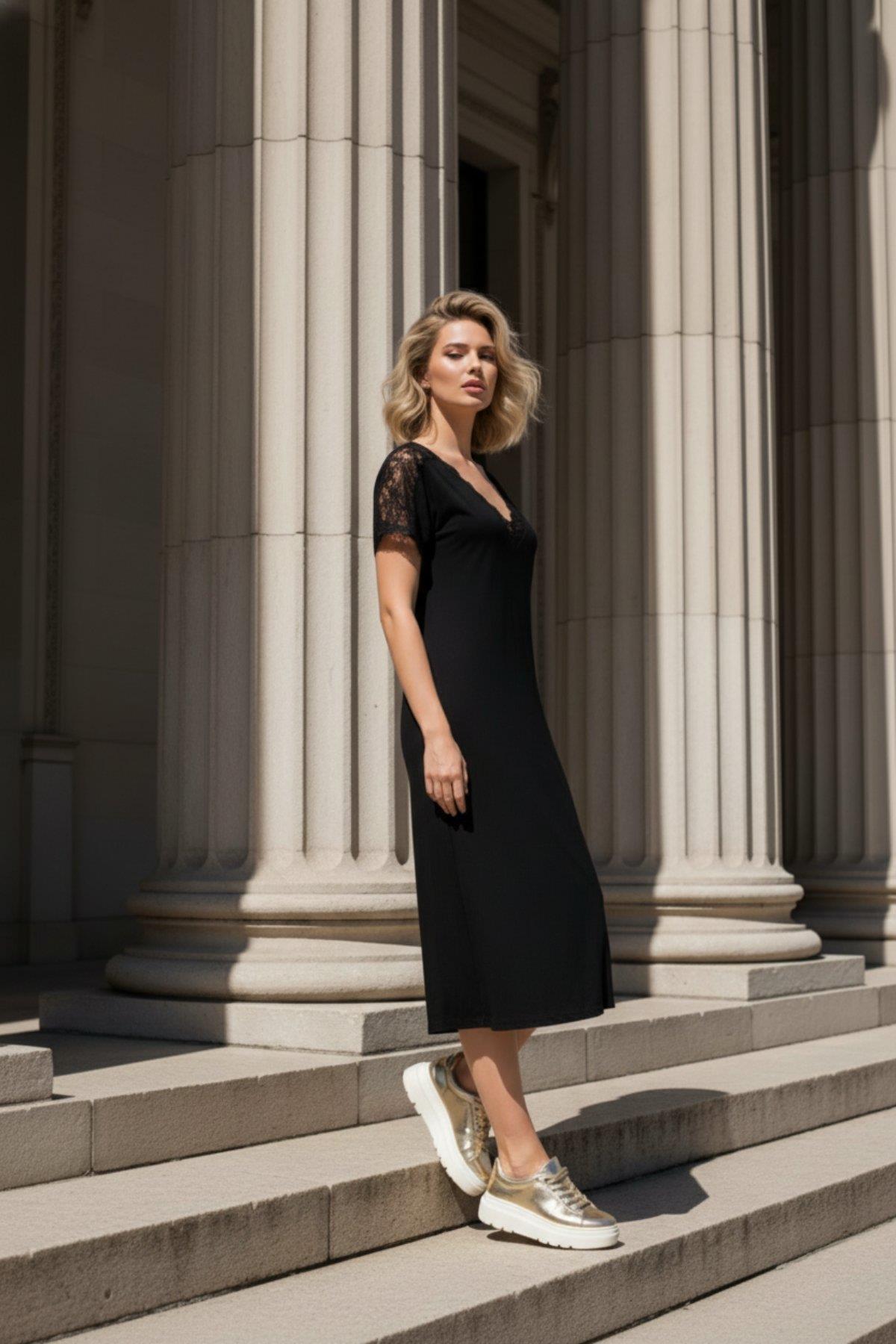 Kısa Kollu Midi Viskon Elbise - Siyah