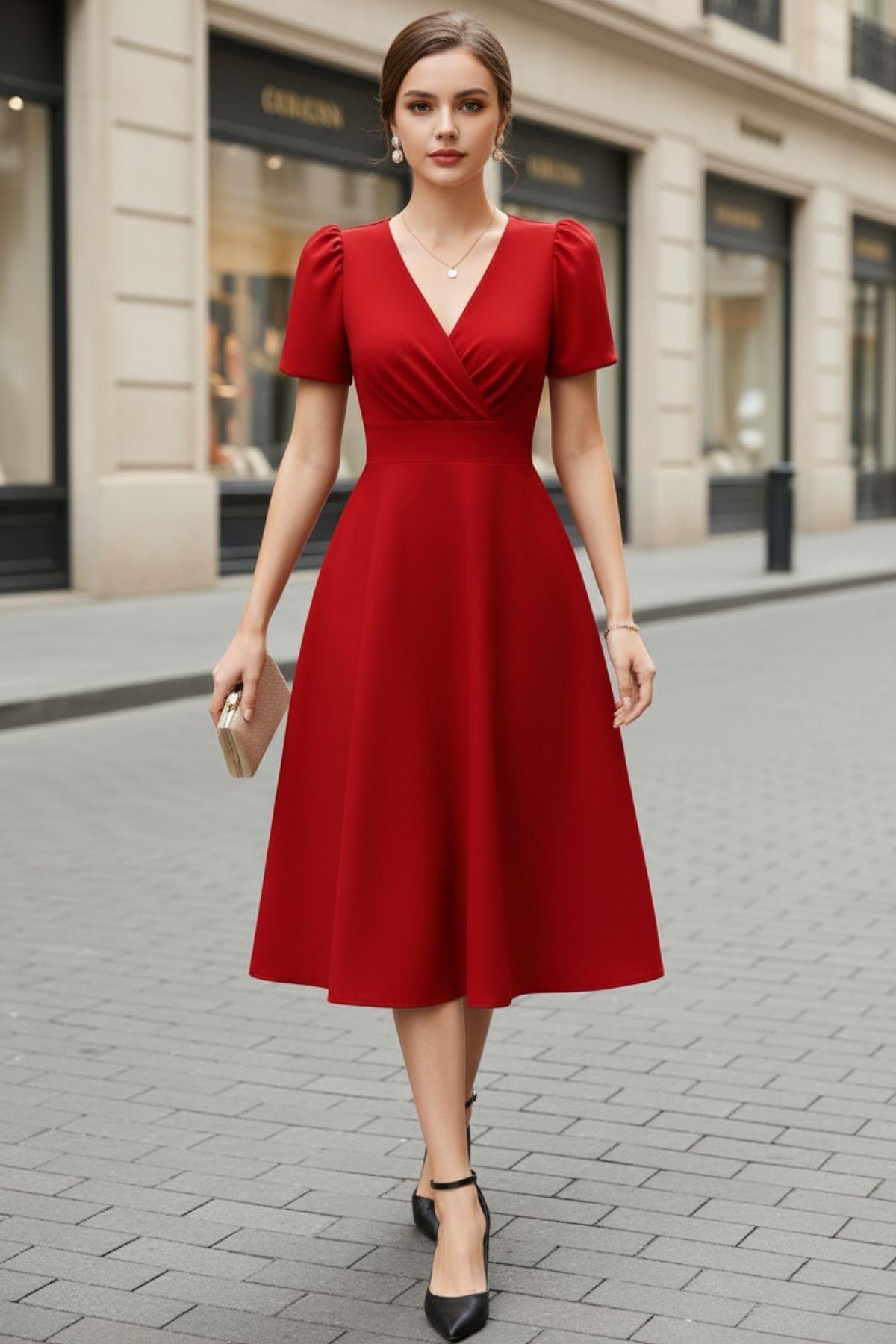 Kırmızı Kısa Kollu V Yaka Kruvaze Midi Elbise – Modern Şık Kadın Elbisesi