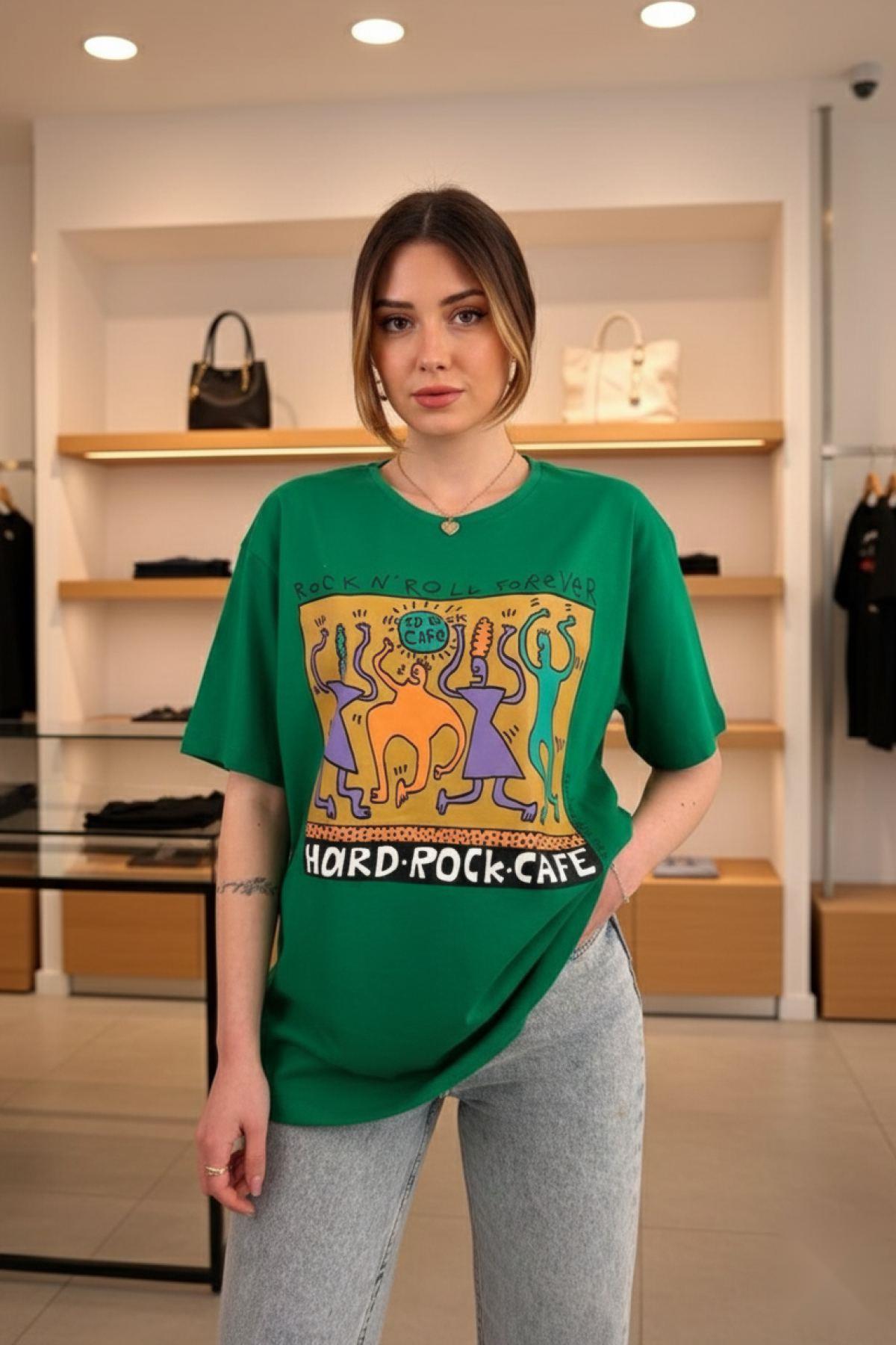 Hard Rock Baskılı Basic Kısa Kollu T-Shirt Yeşil
