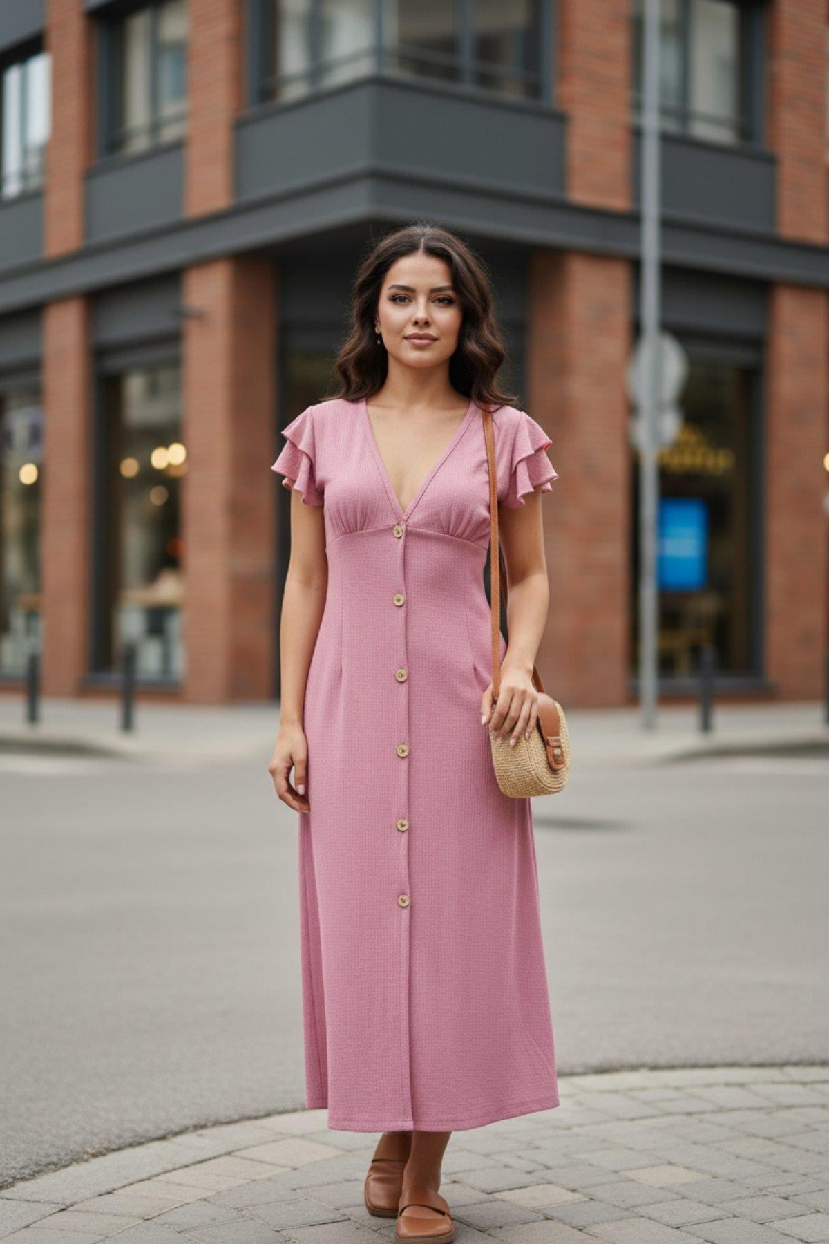 V Yaka Önden Düğmeli Bürümcük Elbise - Pembe