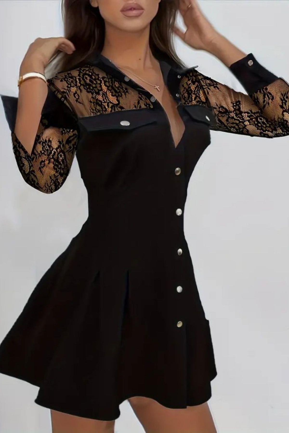 Önden Düğmeli Cepli Mini Modal Elbise - Siyah