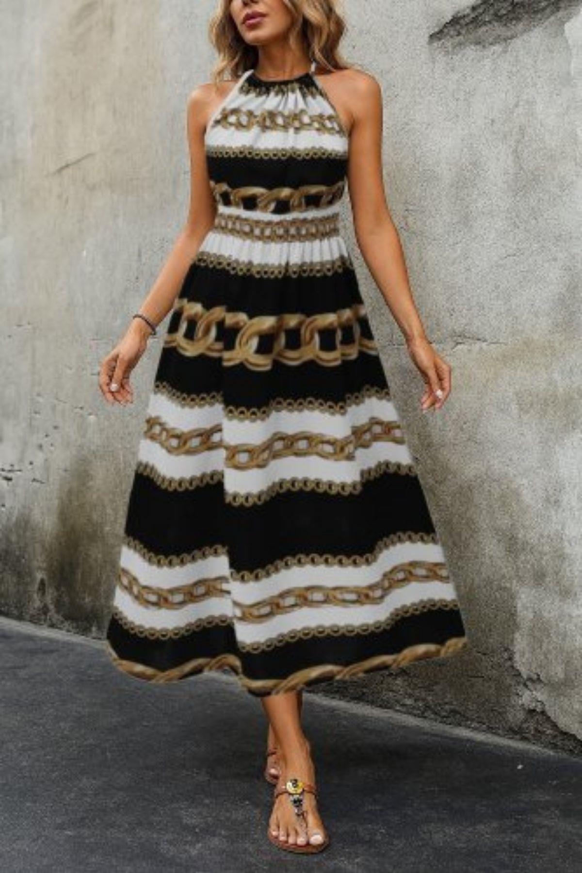 Halter Yaka Beli Lastikli Dijital Baskı Süprem Elbise - Zincir