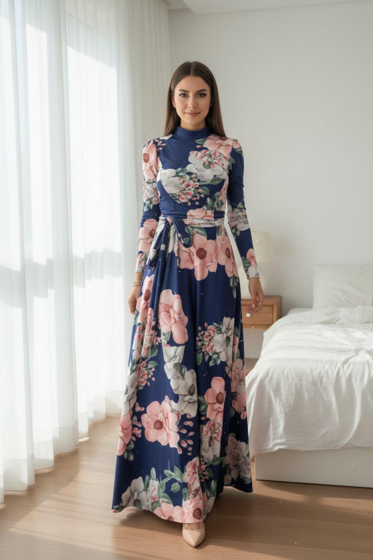 Yuvarlak Yaka Kuşaklı Desenli Uzun Süprem Elbise - Lacivert