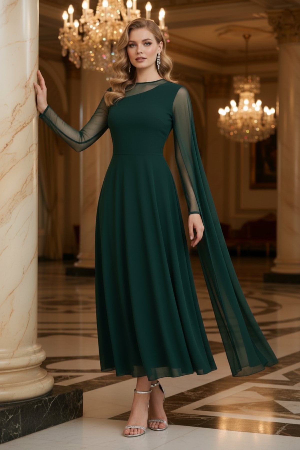 Balıkçı Yaka Tül Detaylı Uzun Sandy Elbise - Yeşil