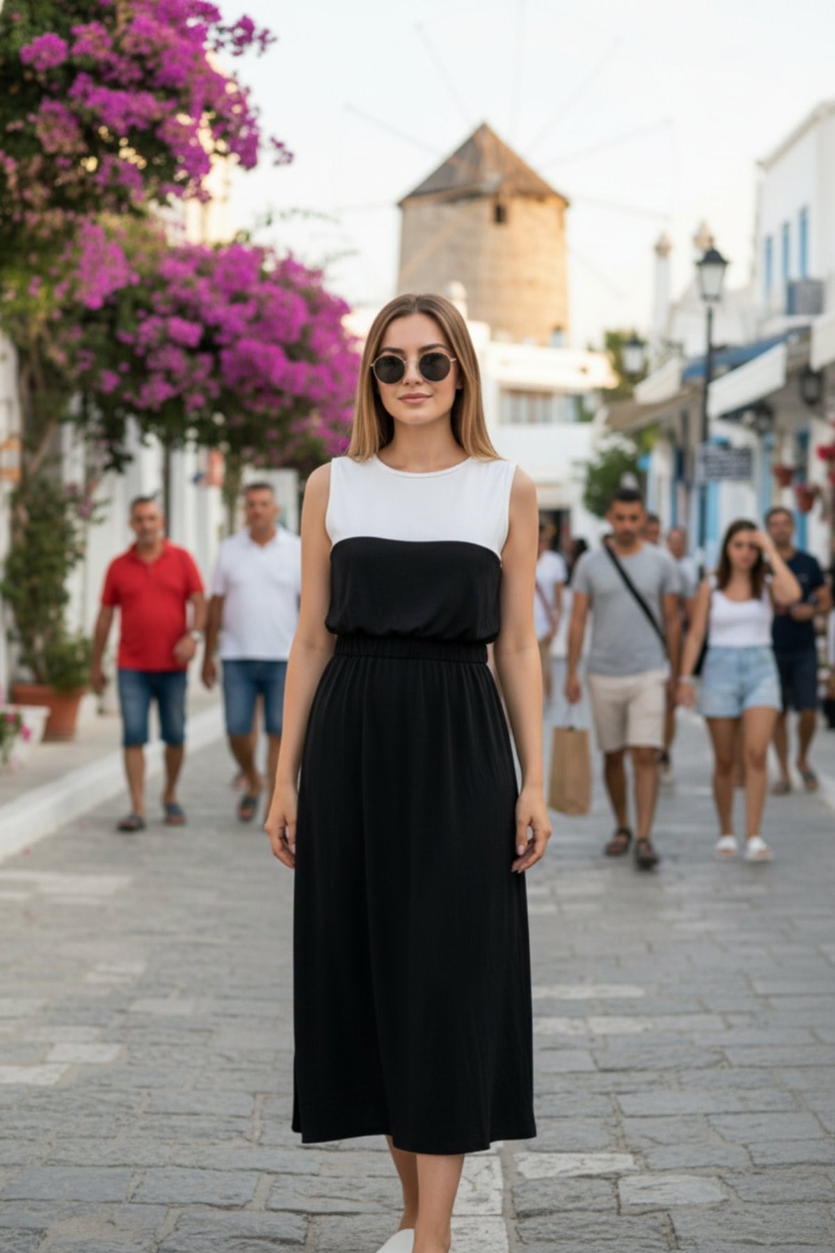 Kolsuz Beli Lastikli Rahat Kesim Vİskon Elbise - Siyah