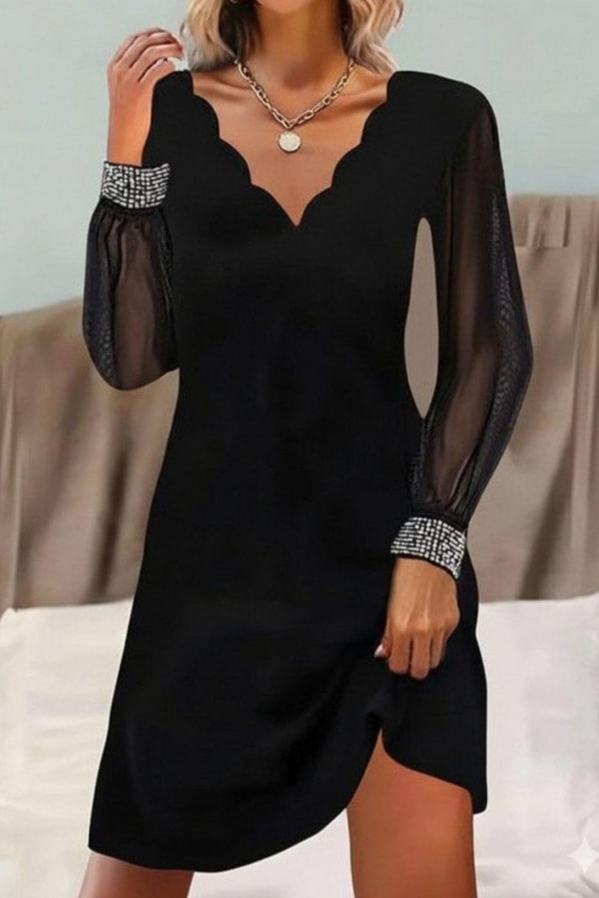 Uzun Tül Balon Kollu Simli Manşetli V Yaka Mini İthal Krep Elbise - Siyah