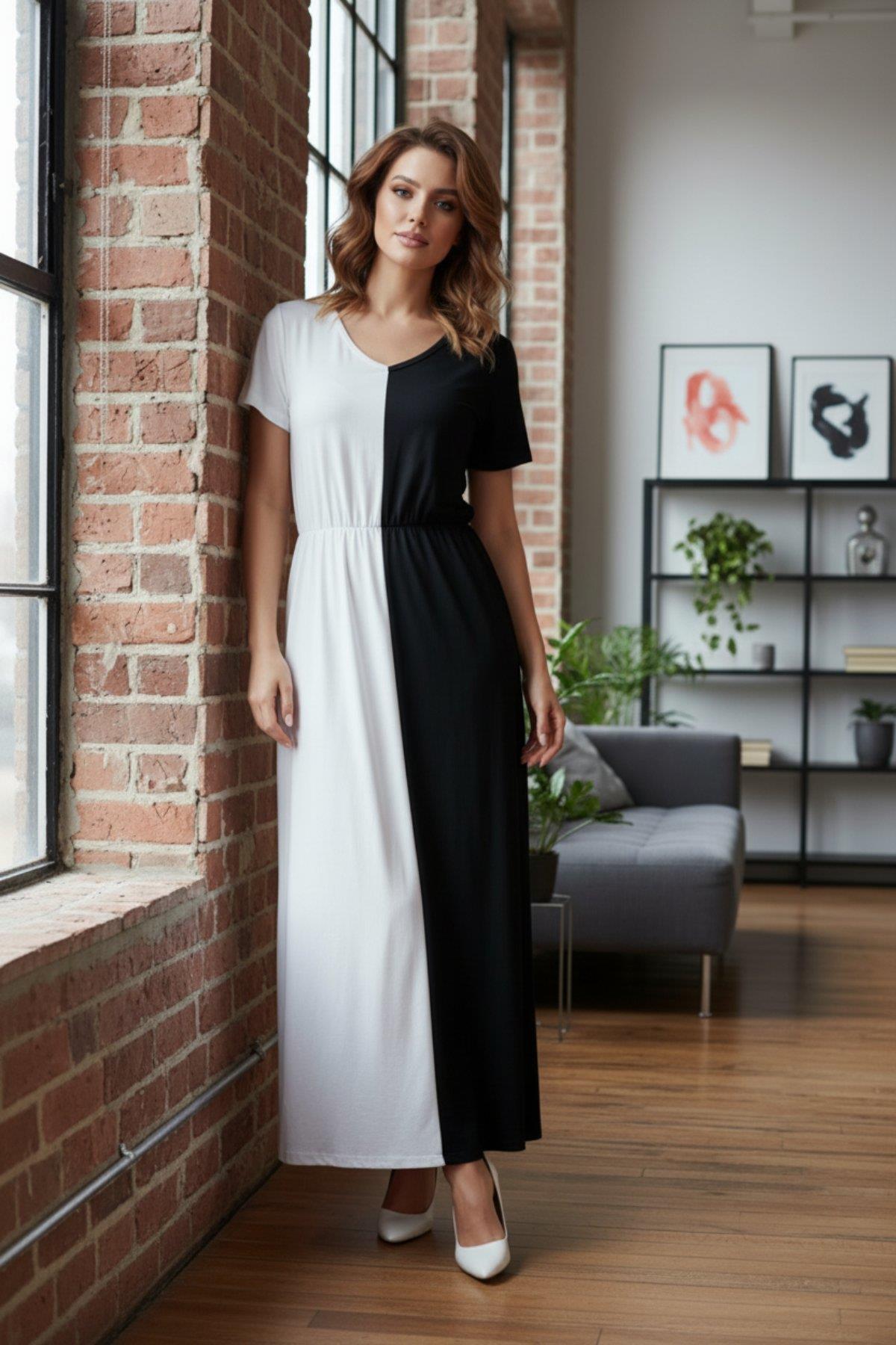 Kısa Kollu Çift Renkli Viskon Elbise - Siyah