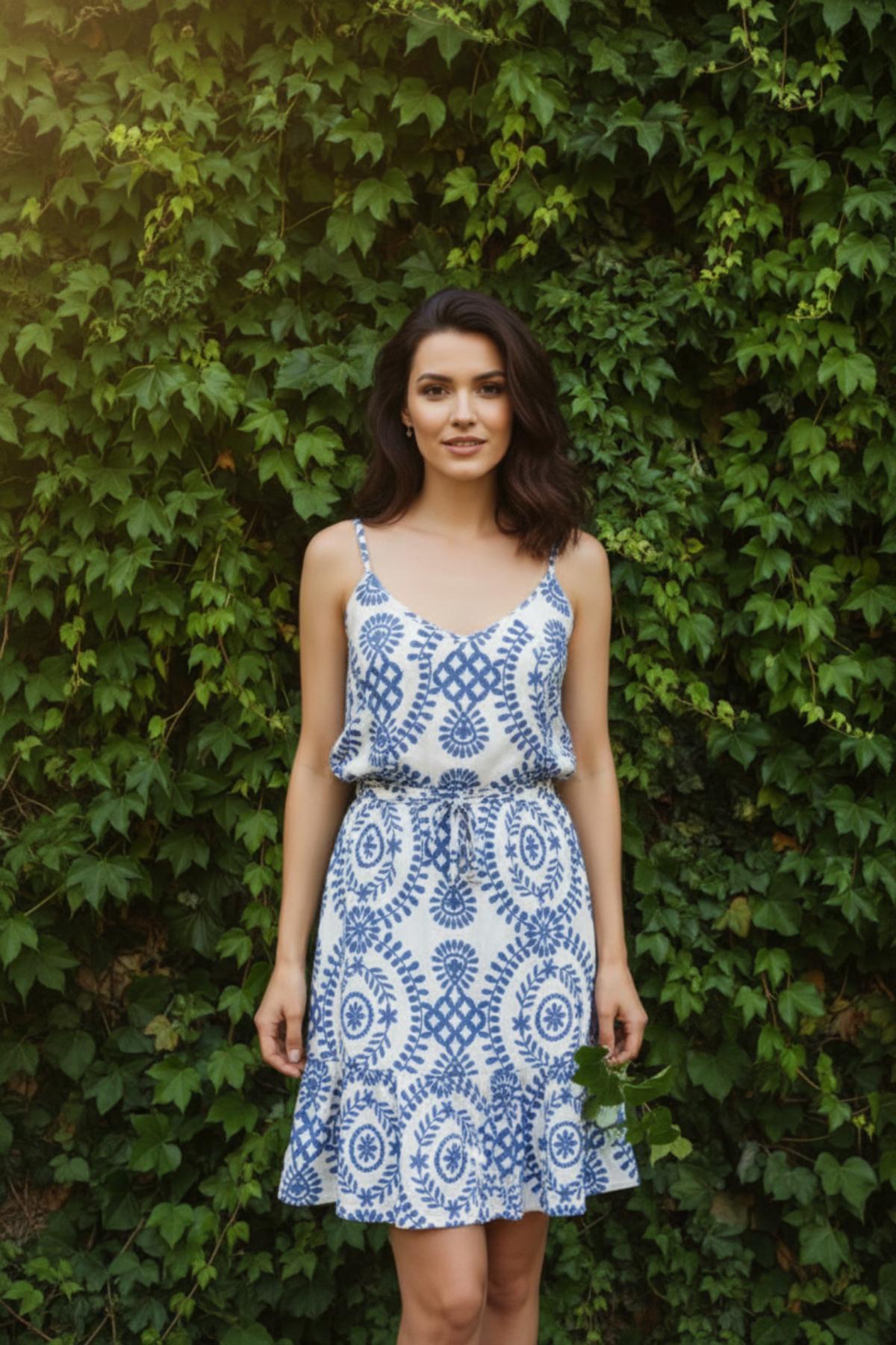 V Yaka İp Askılı Desenli Süprem Elbise - Mavi