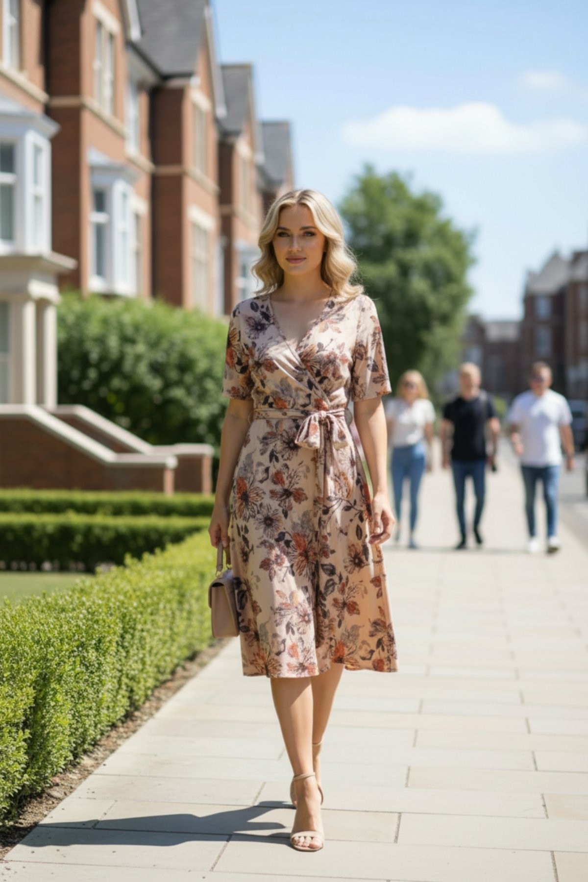 Kruvaze Yaka Desenli Midi Süprem Elbise - Vizon