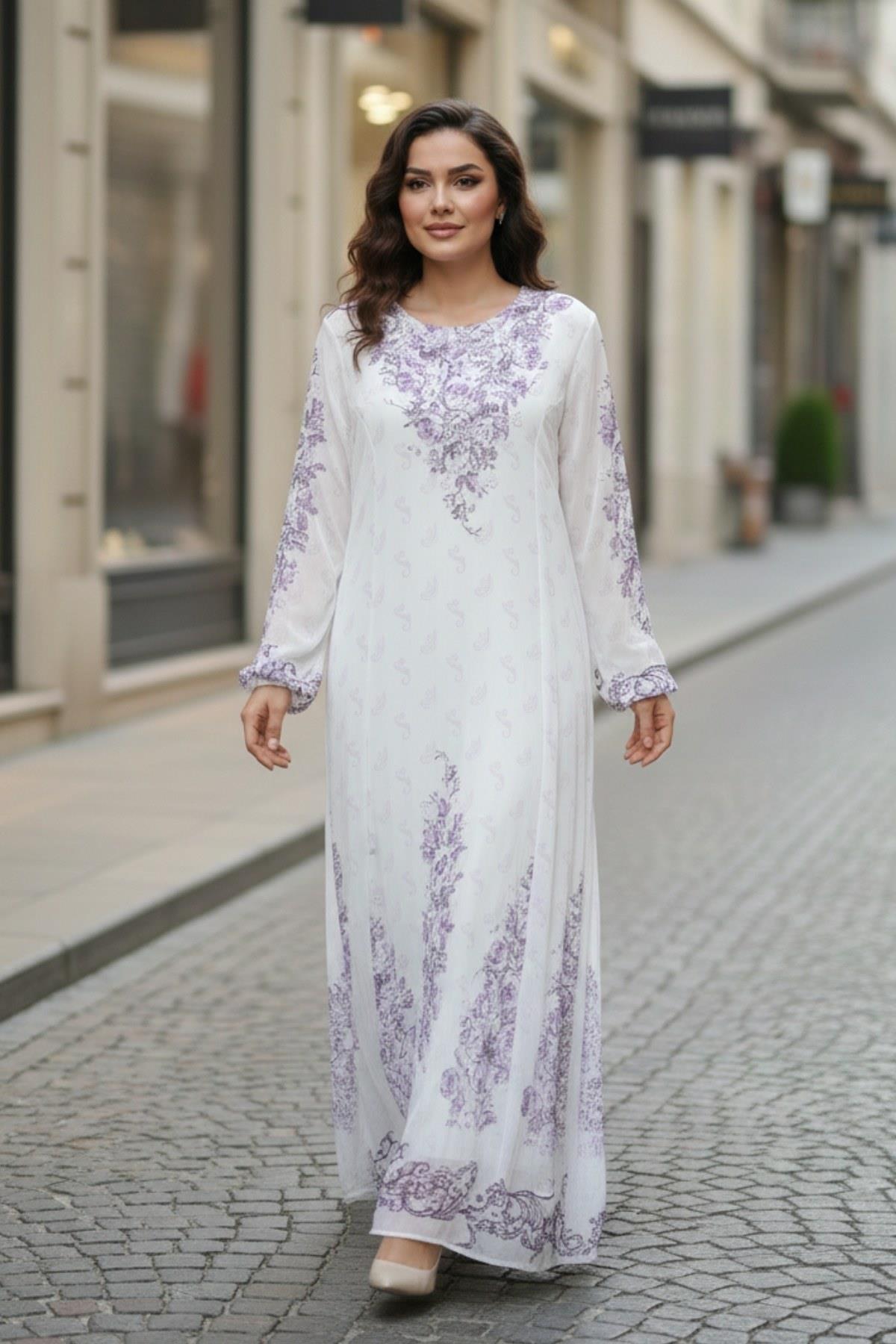 Lila Desenli Astarlı Şifon Maxi Elbise | Uzun Kollu Rahat Kesim