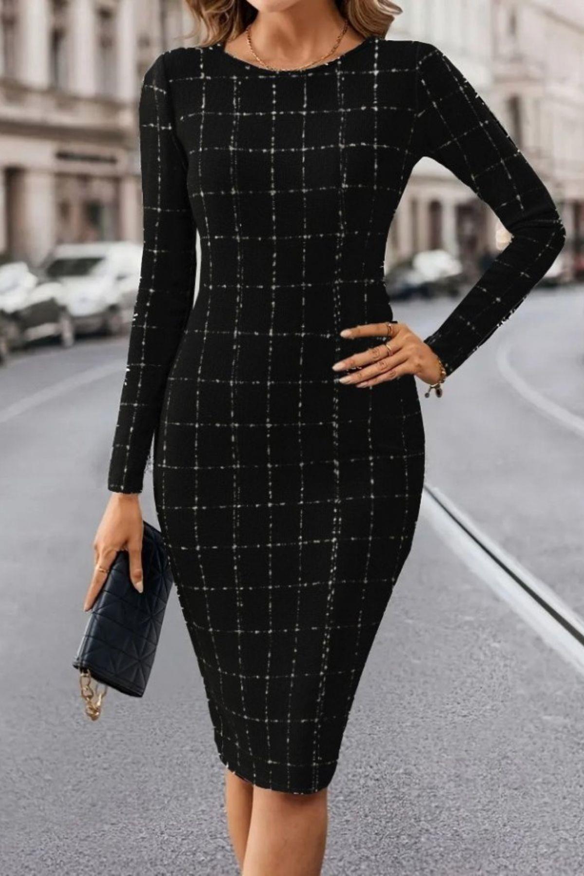 Uzun Kollu Dokuma Midi Kalem Elbise - Siyah