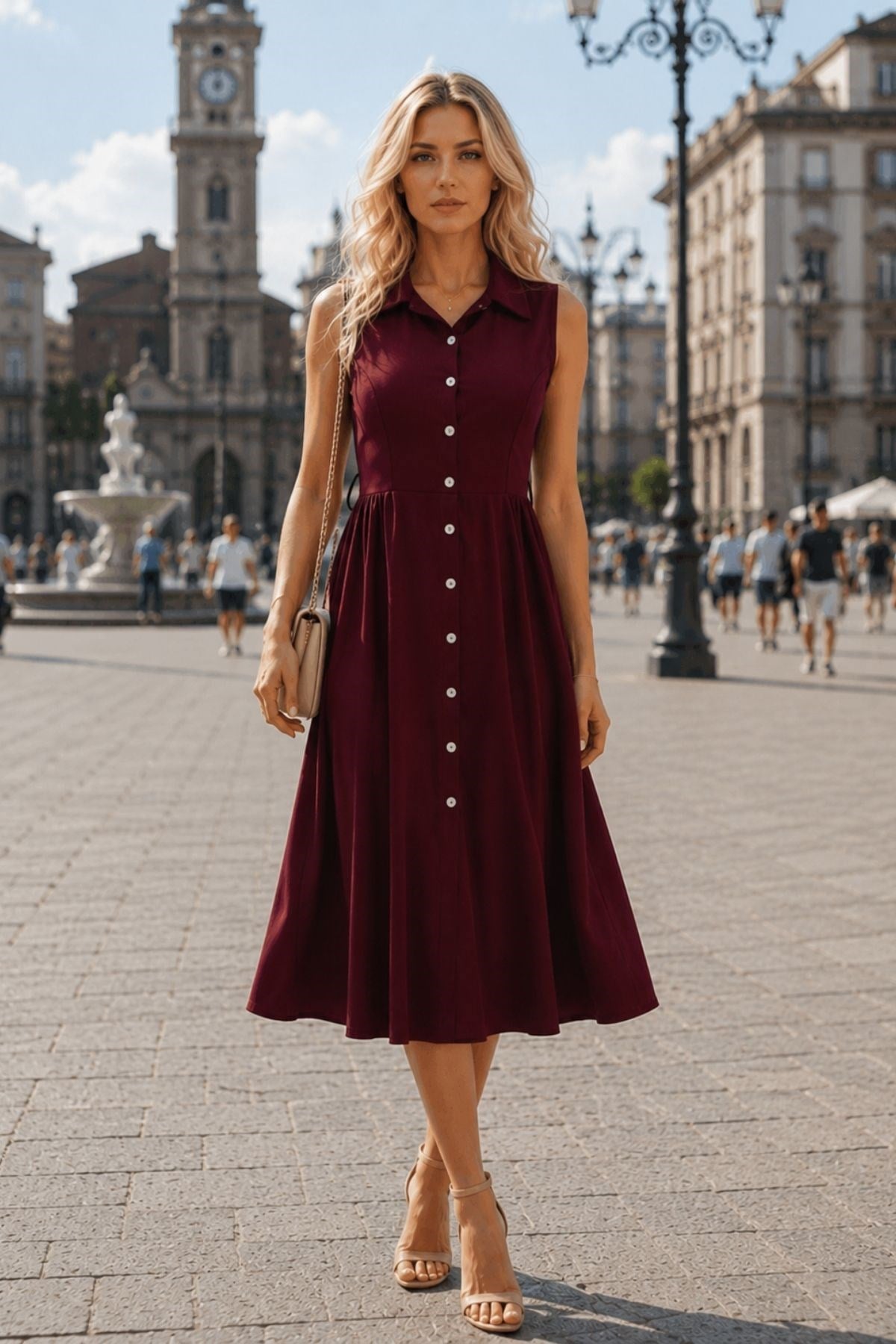 Kolsuz Polo Yakalı Düğme Detaylı Midi Elbise - Bordo