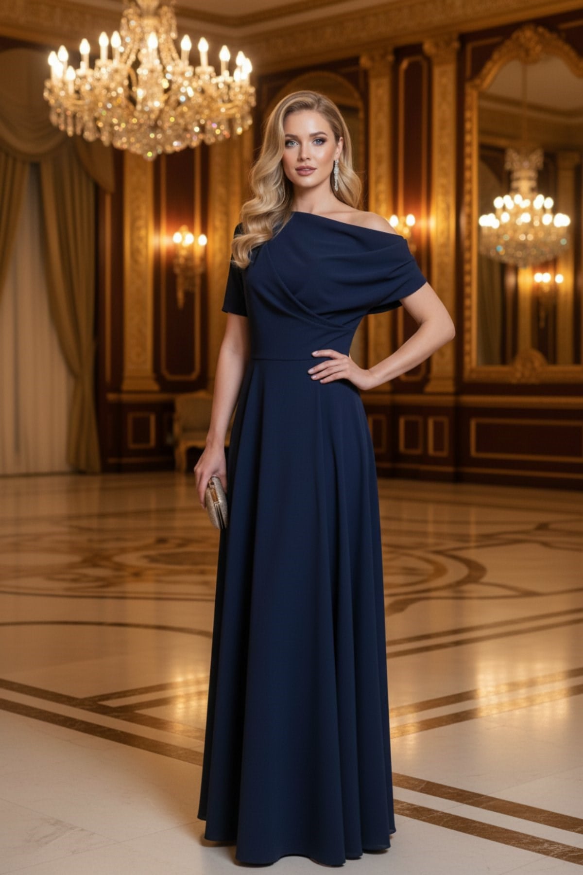 Kayık Yaka Kısa Kollu Pileli Uzun Krep Elbise - Lacivert